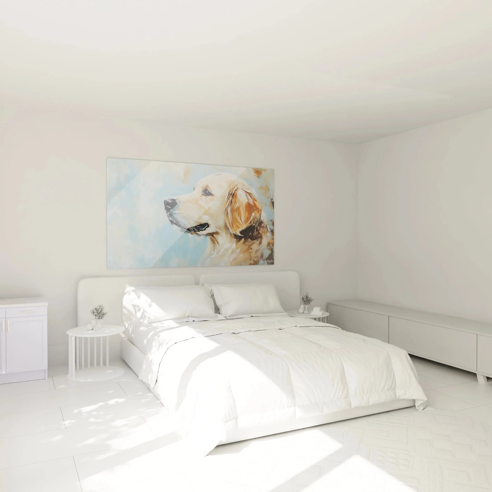 Golden Retriever Wandbild in Schlafzimmer Ambiente mit warmem Licht und gemütlicher Einrichtung