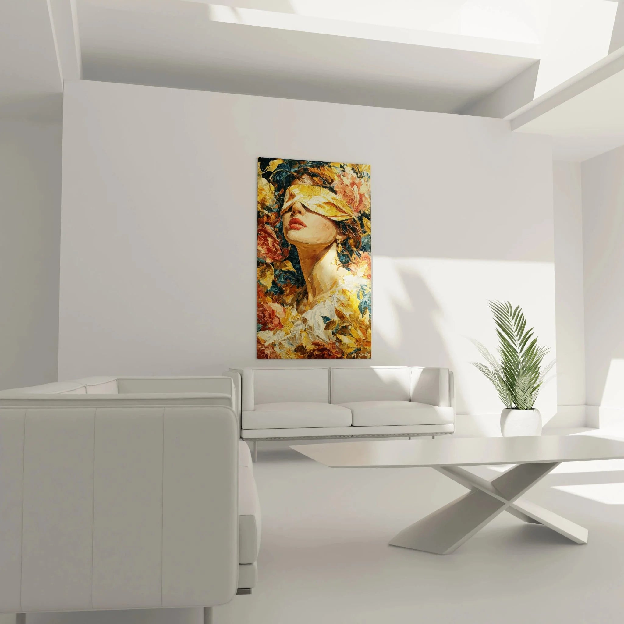 Detailansicht goldene Maske und Gesicht der Frau, barocke Maltechnik mit warmen Goldtönen im Fokus