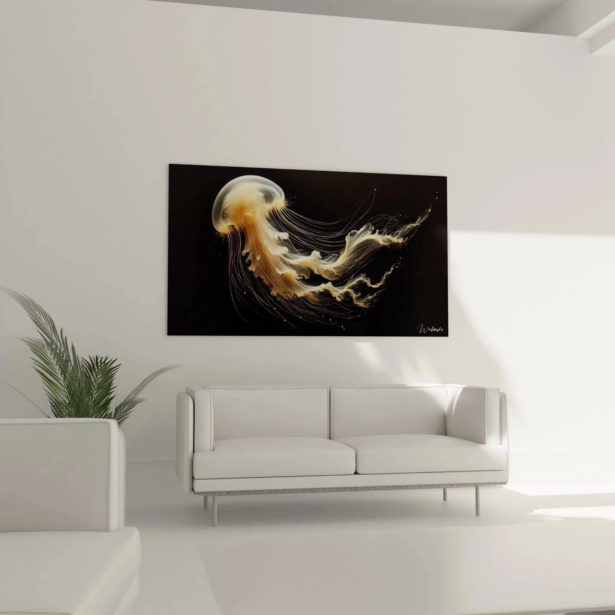 Detailansicht der goldenen Qualle Wandkunst mit filigranen Tentakeln und schimmernden Akzenten