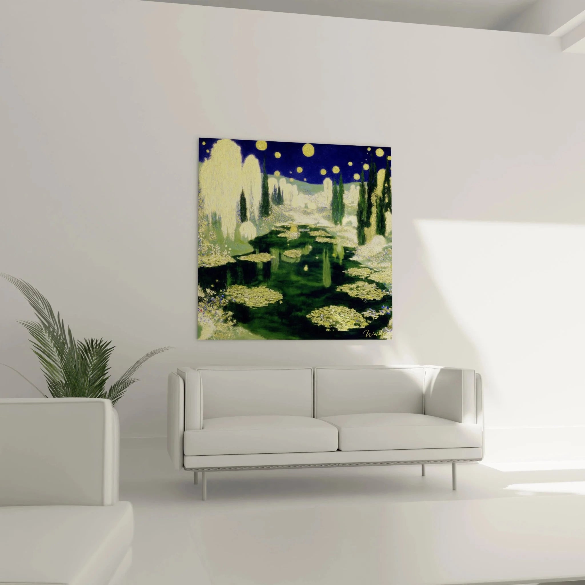 Detailansicht goldene Seerosen auf nächtlichem Teich - symbolistische Wandkunst Nahaufnahme Premium