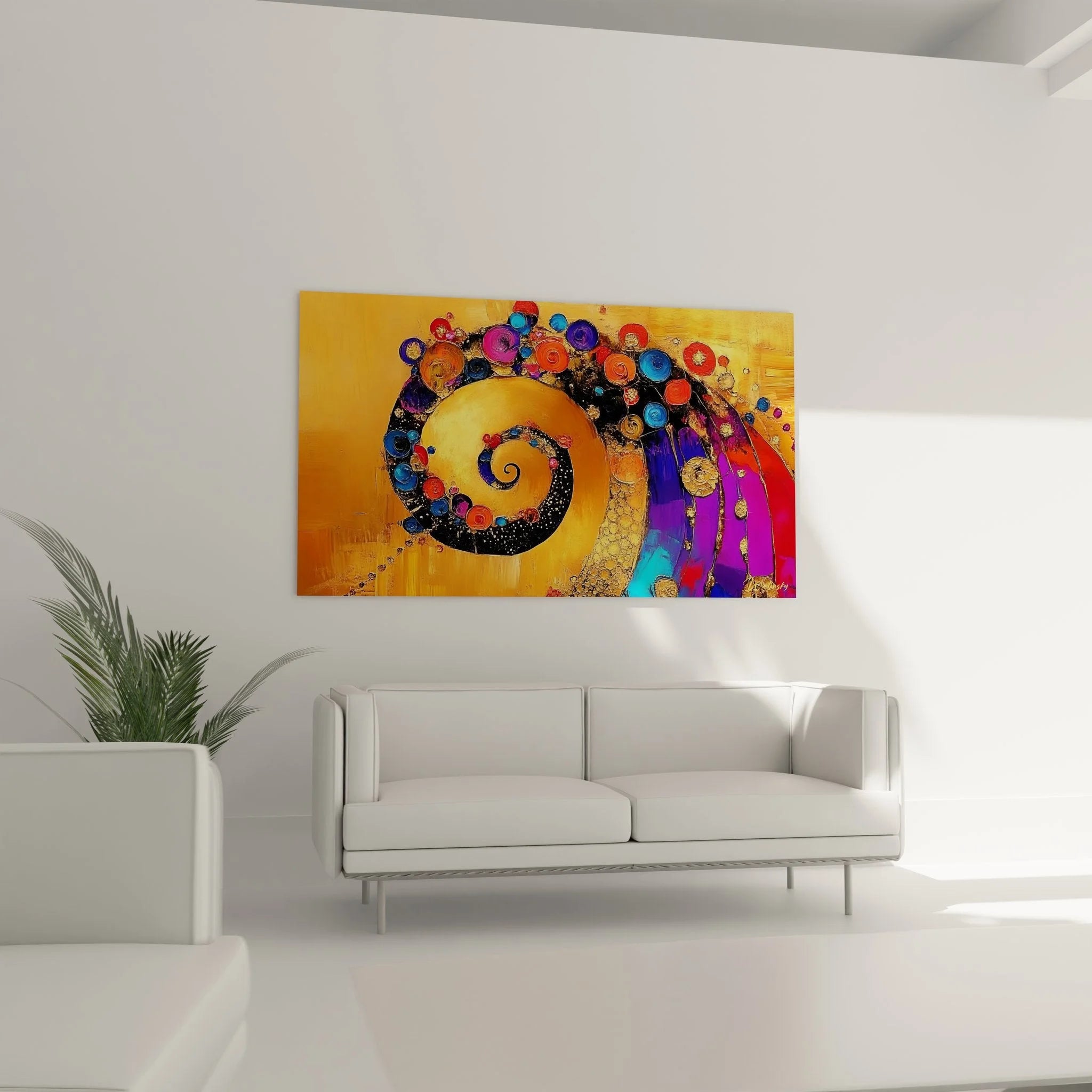 Detailansicht goldene Spirale mit leuchtenden Kreisen - abstrakte Wandkunst Nahaufnahme