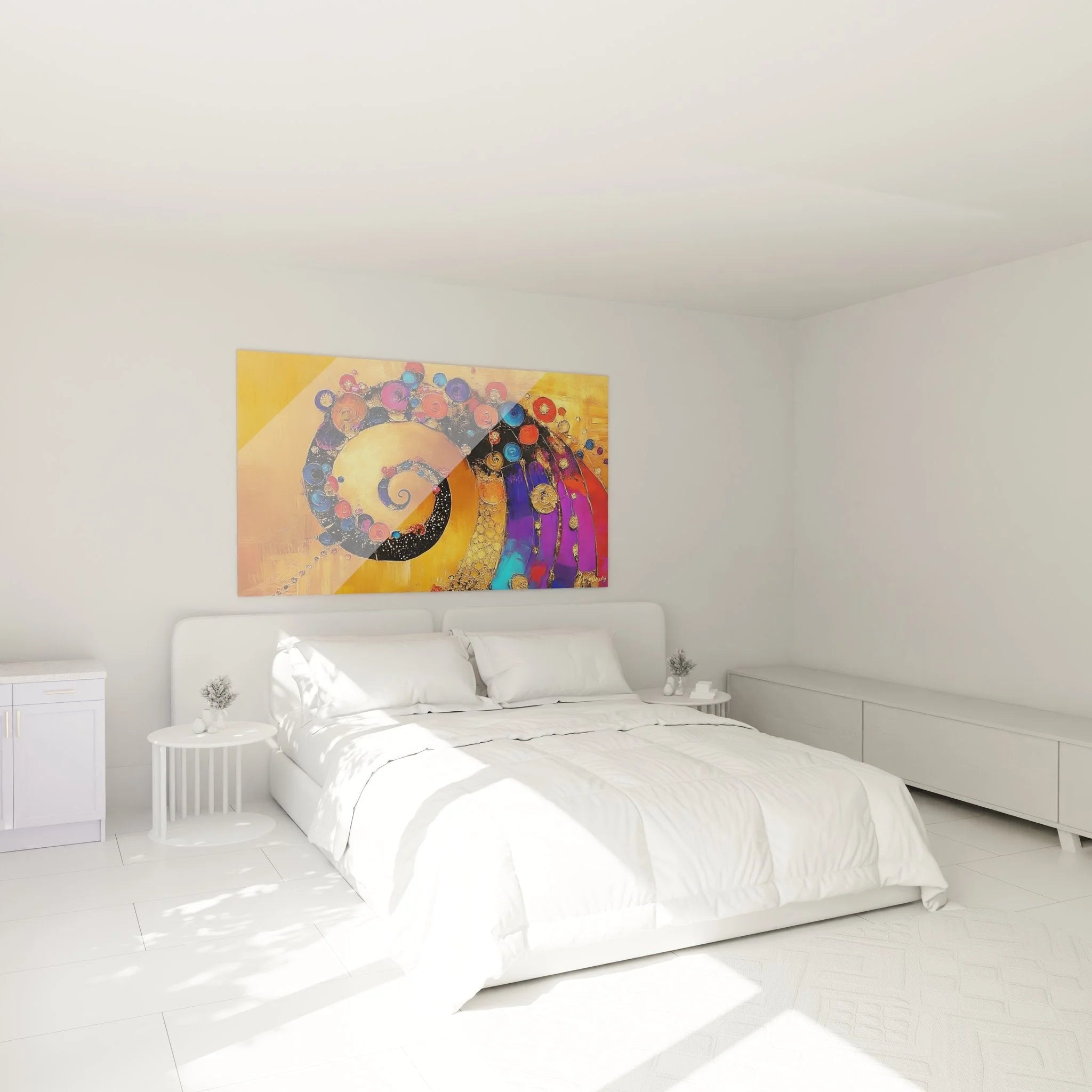 Goldene Spirale Wandbild im Schlafzimmer - moderne abstrakte Dekoration über dem Bett