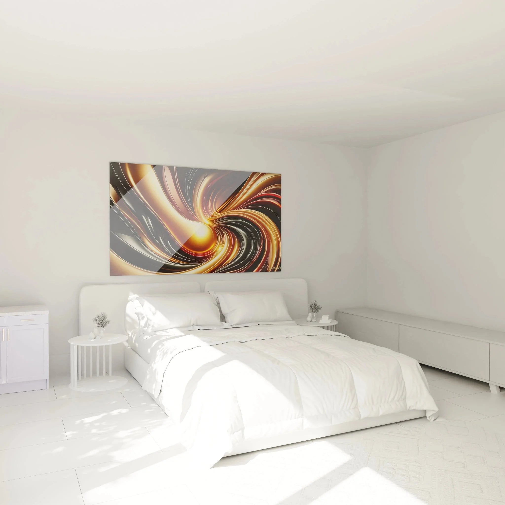 Goldener Wirbel Wandbild XXL in modernem Schlafzimmer Ambiente futuristische Wanddekoration