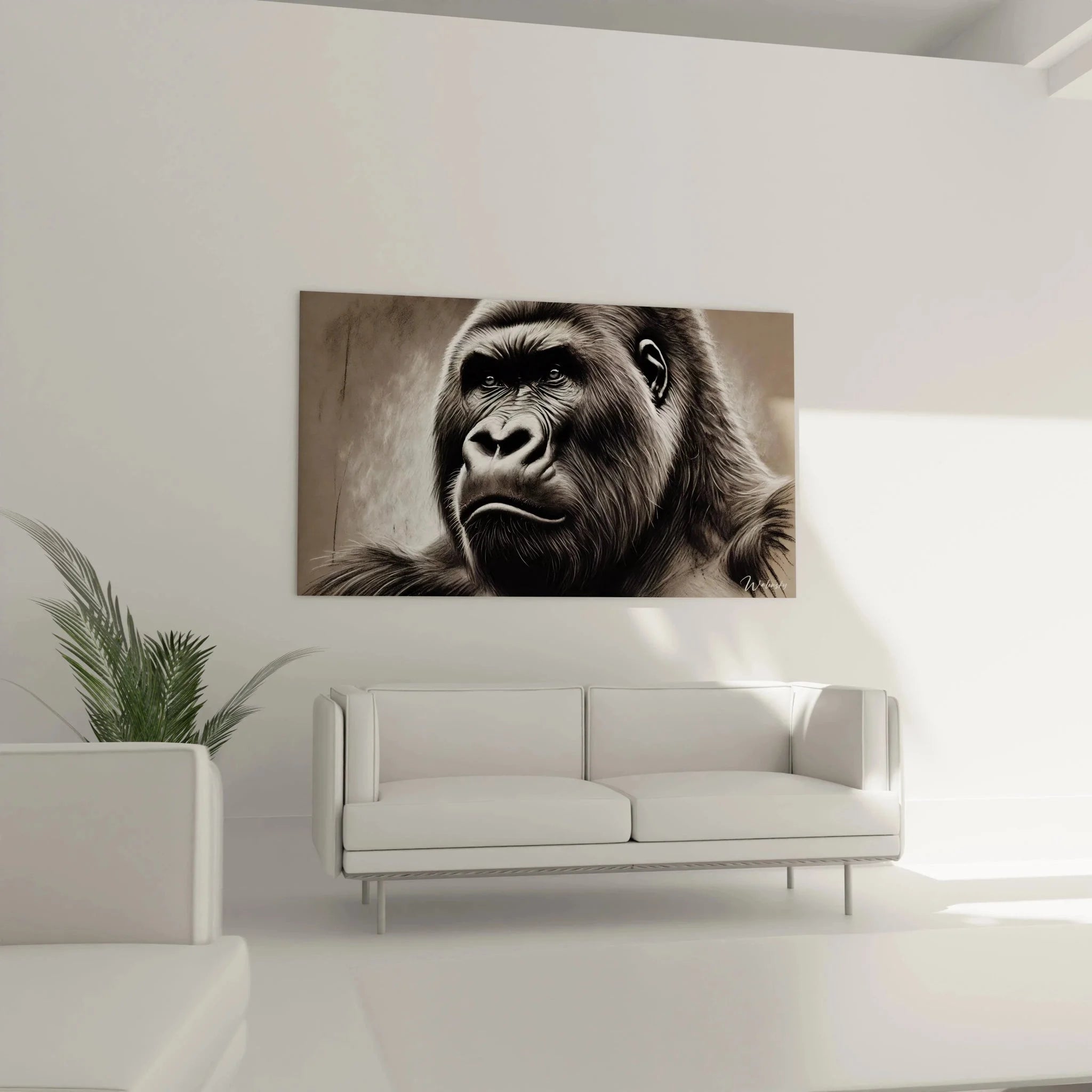 Gorilla Kunstdruck Nahaufnahme Gesicht schwarz-weiß Wanddekoration Detail