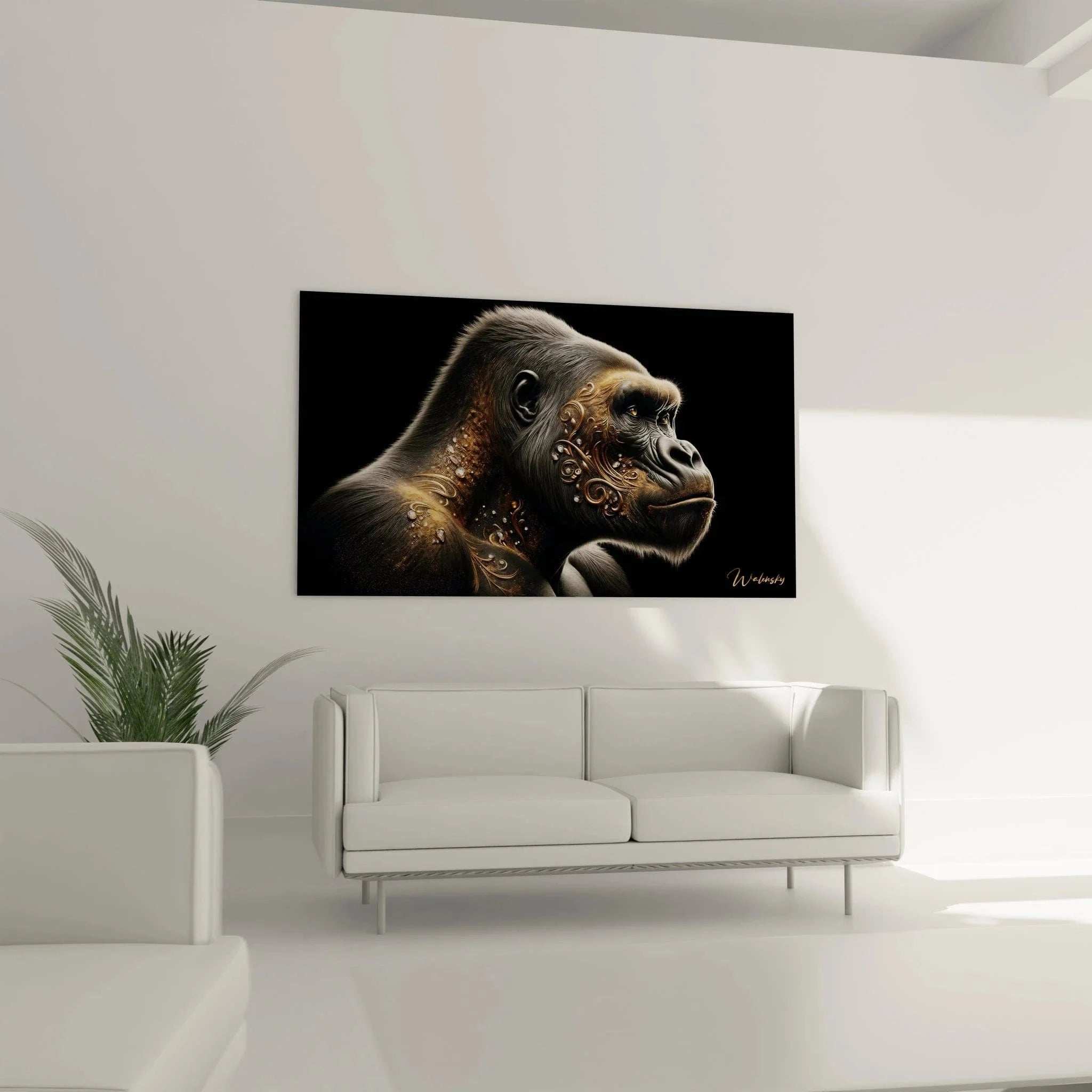 Gorilla Portrait Nahaufnahme - Detailreicher Kunstdruck mit ornamentalen Goldelementen