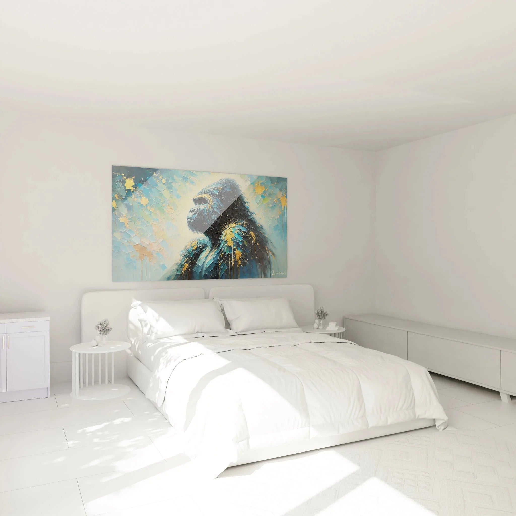 Gorilla Wandbild XXL in Schlafzimmer Ambiente - Moderne Wandgestaltung mit Affe Portrait