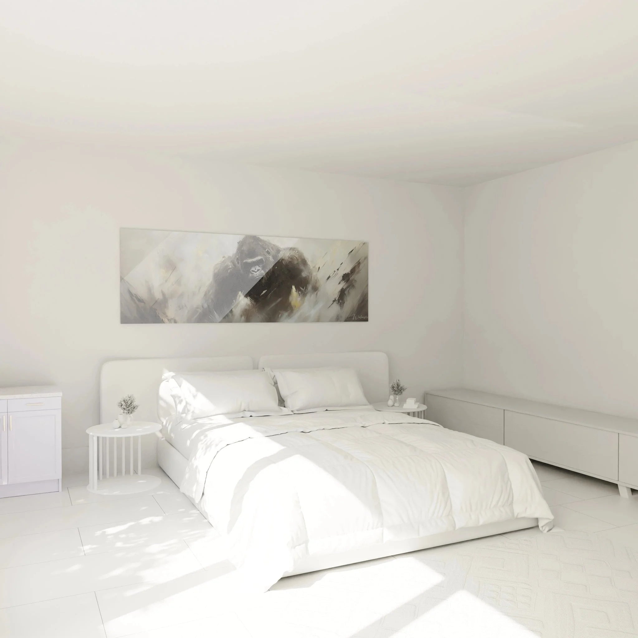 Gorilla Wandbild XXL als Wanddekoration im modernen Schlafzimmer über dem Bett platziert