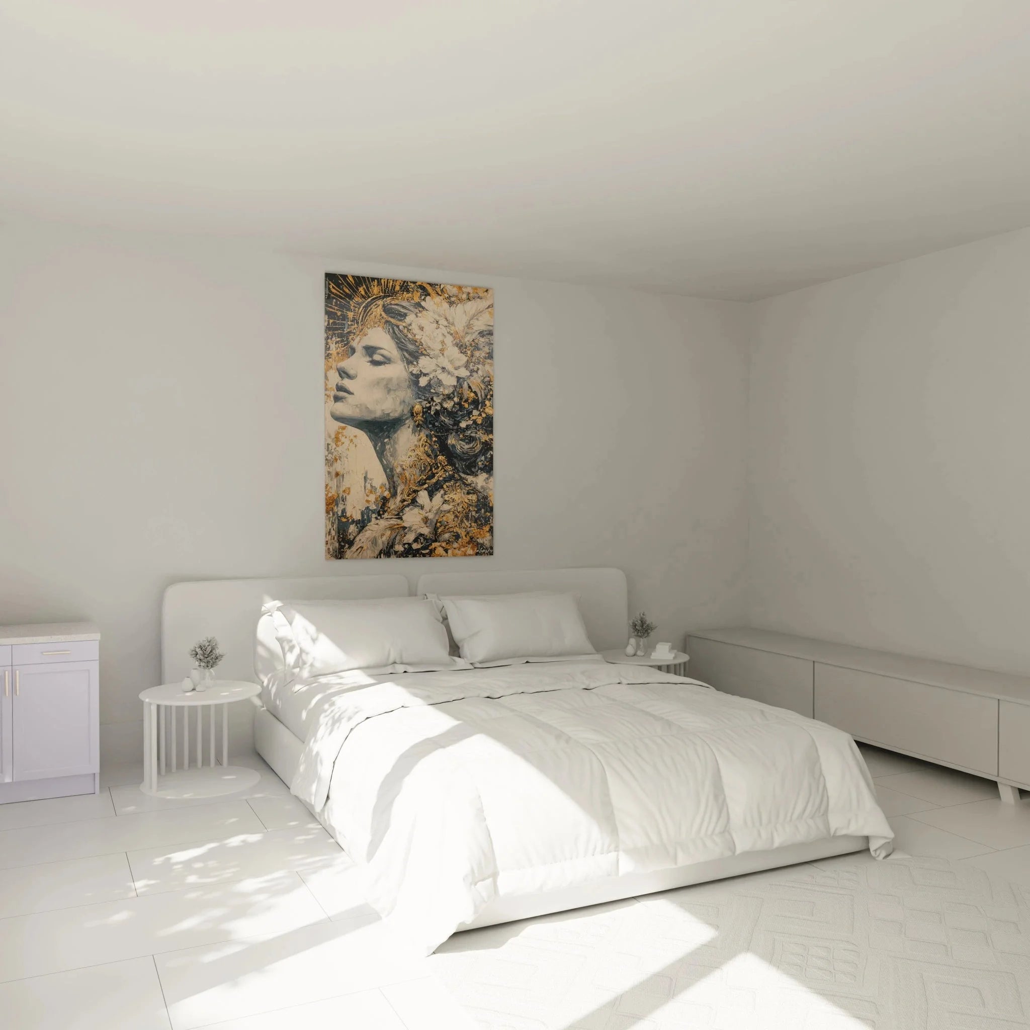 Gothic Wandbild Frau mit Blumen in modernem Schlafzimmer - elegante Wanddekoration