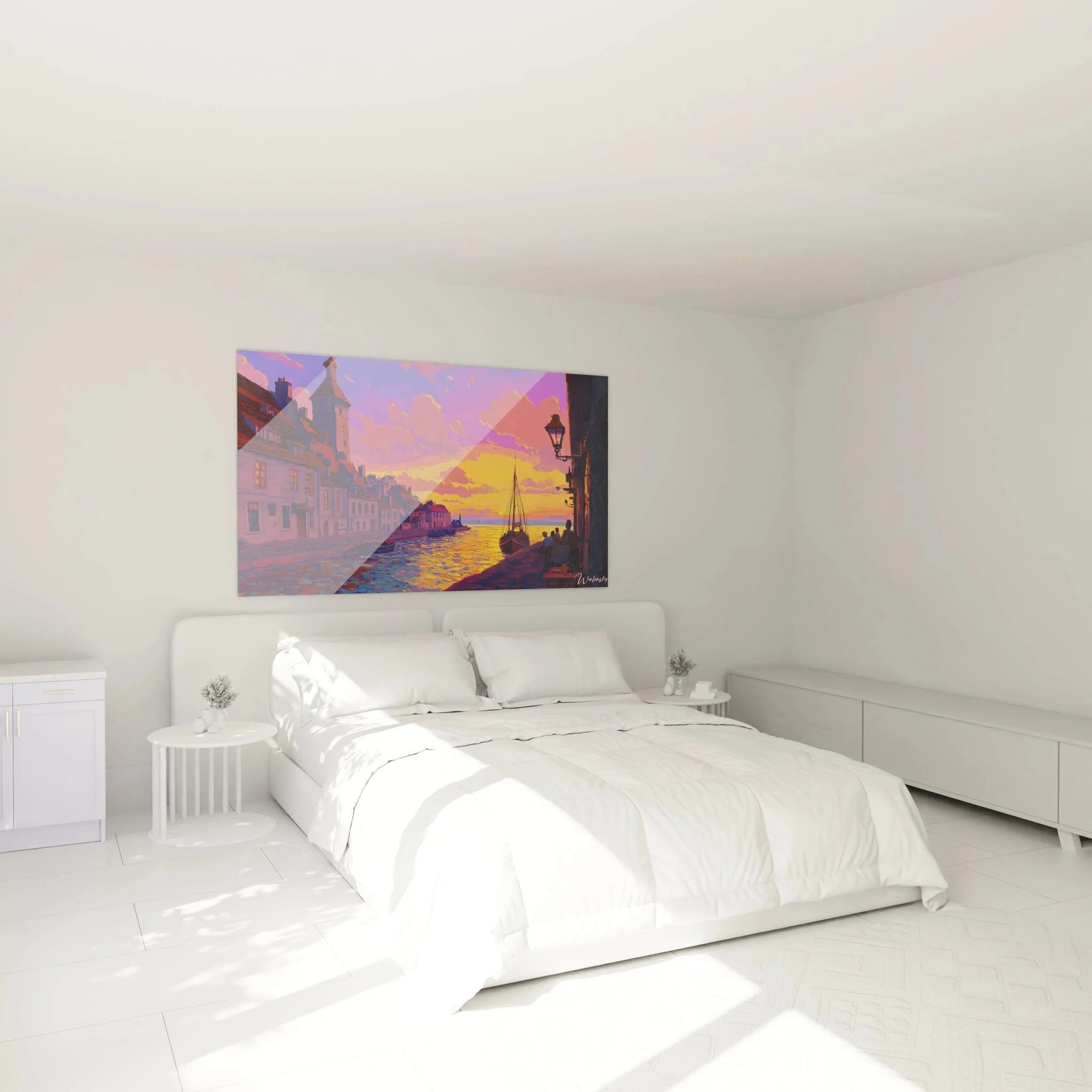 Romantische Hafenszene Wanddekoration im Schlafzimmer mit warmen Sonnenuntergang Farben mediterrane Küstenstadt