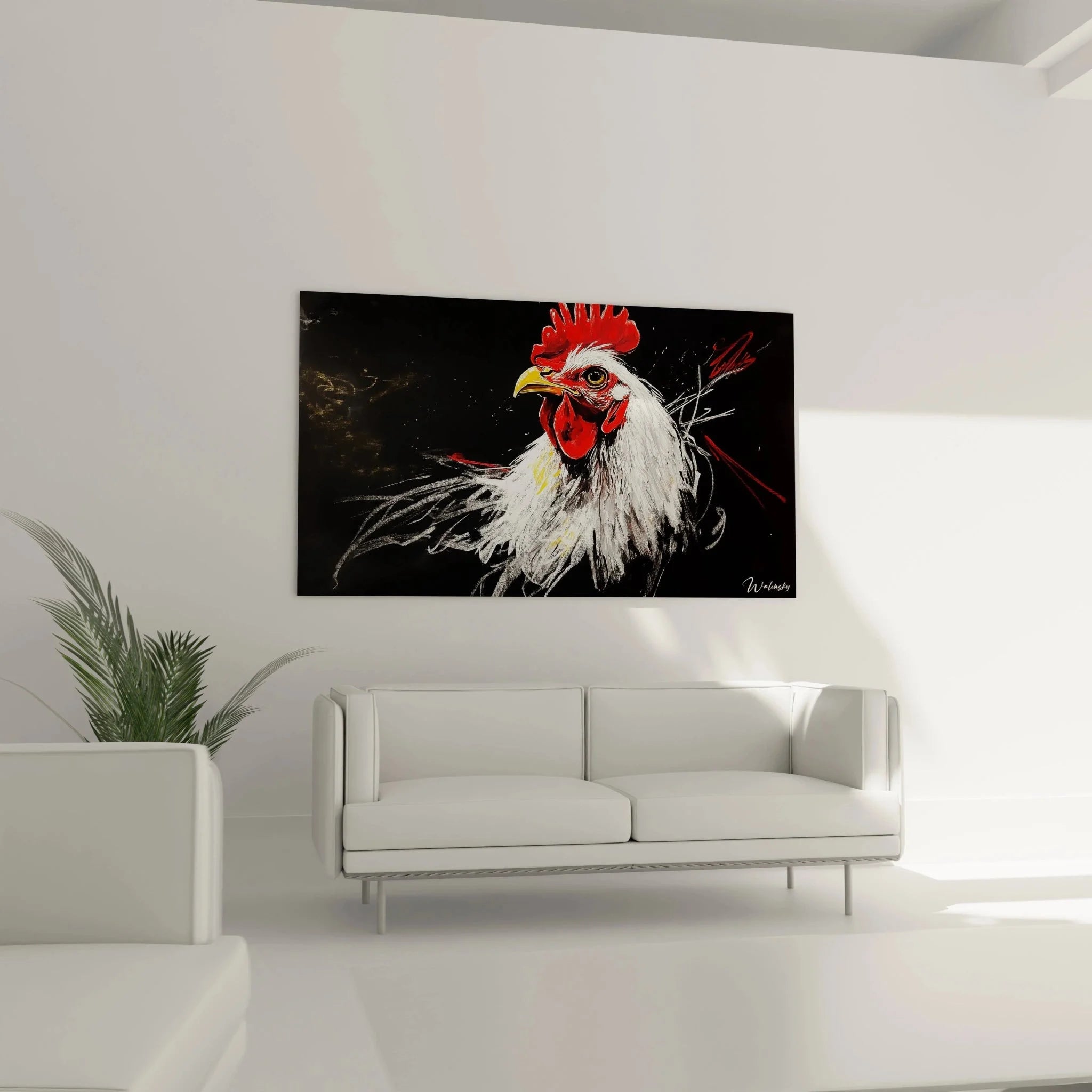 Hahn Wandbild Nahaufnahme Detail, roter Kamm und weißes Federkleid in künstlerischer Darstellung