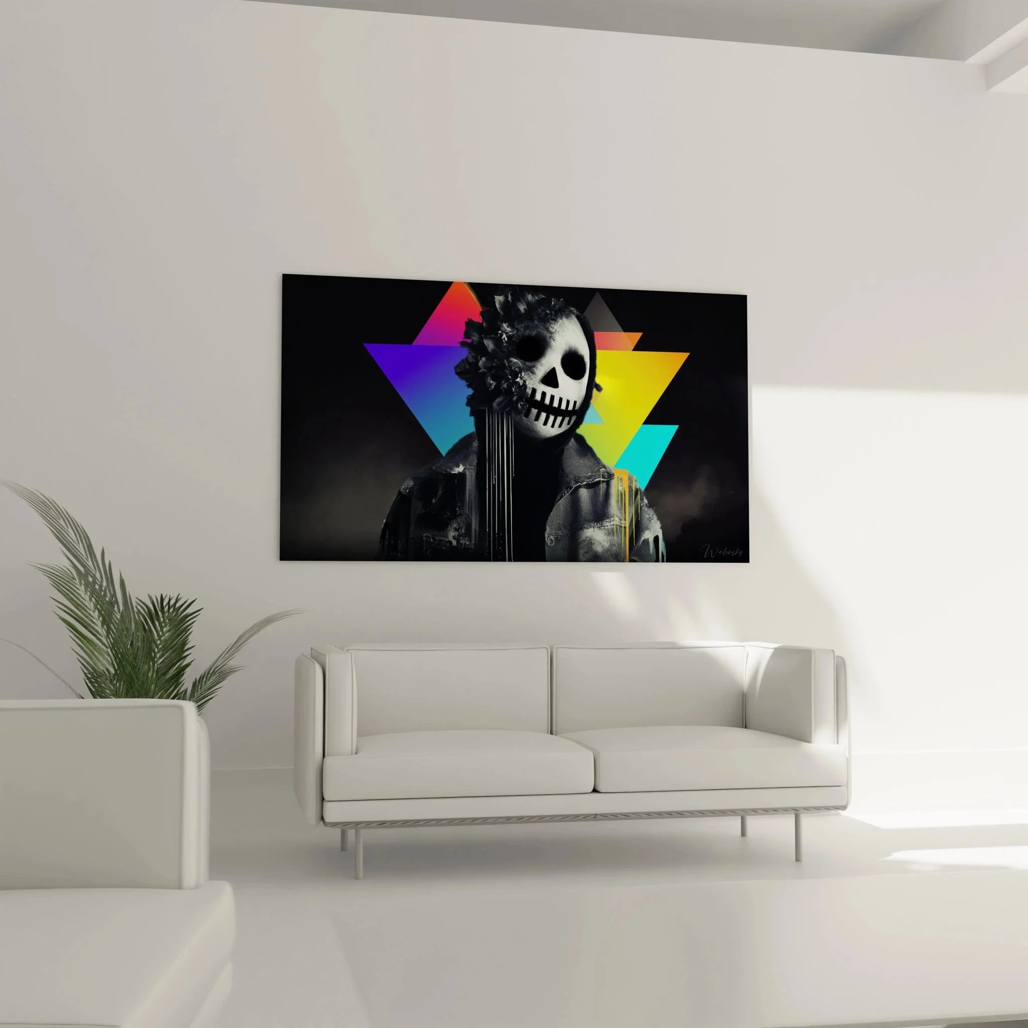 Detailansicht Halloween Wandbild Totenkopf mit Geige und leuchtenden geometrischen Dreiecken