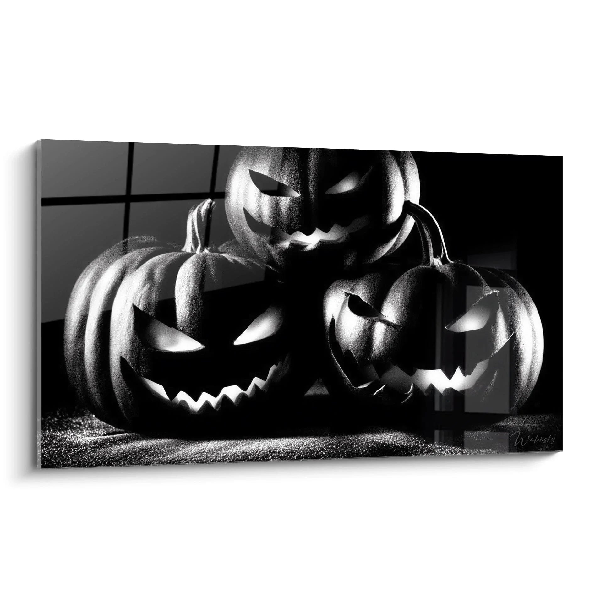 Halloween Wandbild mit drei gruseligen Kürbissen in Schwarz-Weiß, mystische Jack-O'-Lantern Dekoration