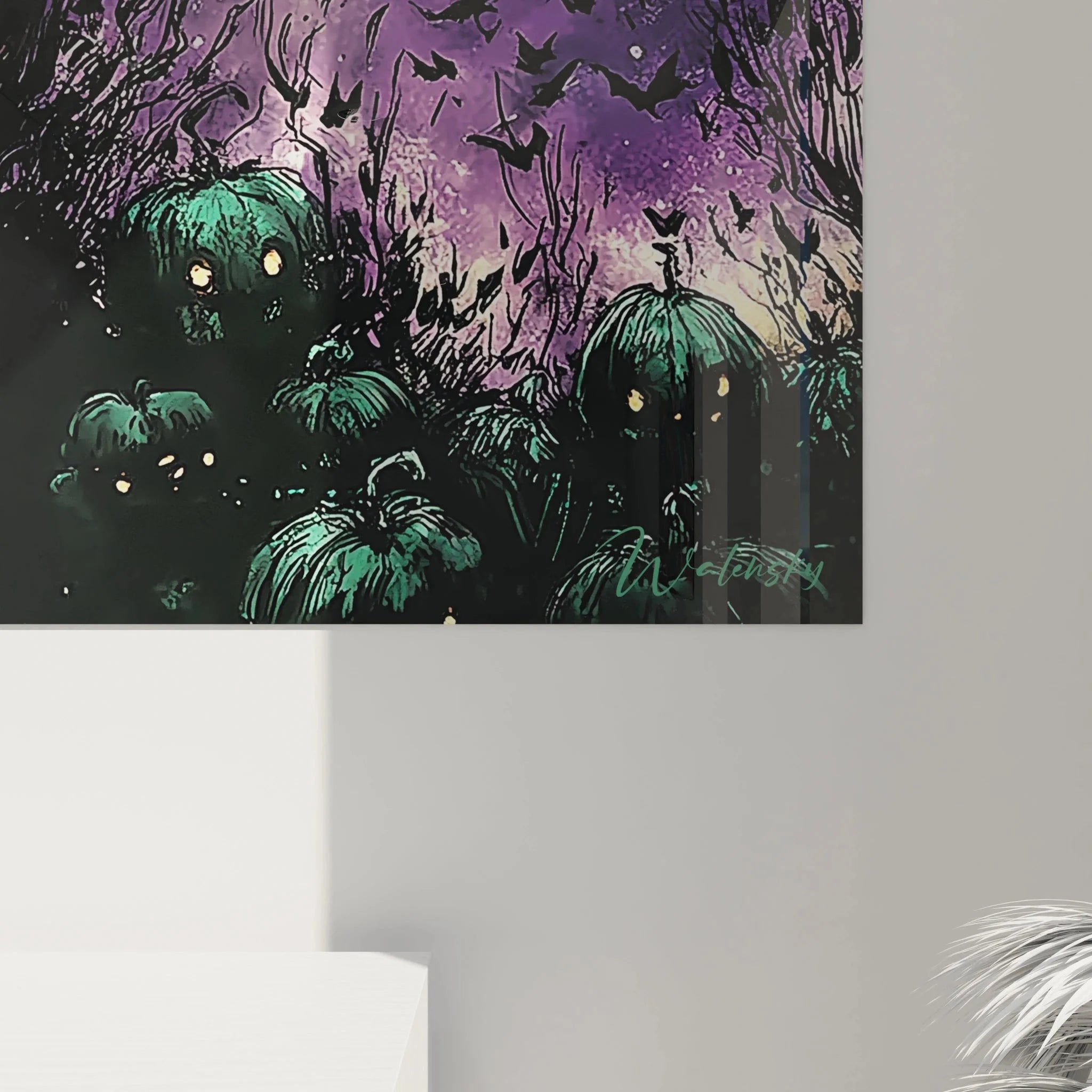 Gesamtansicht Halloween Wandbild mit gruseligem Kürbis und kleinen Kürbissen als Horror Wanddeko