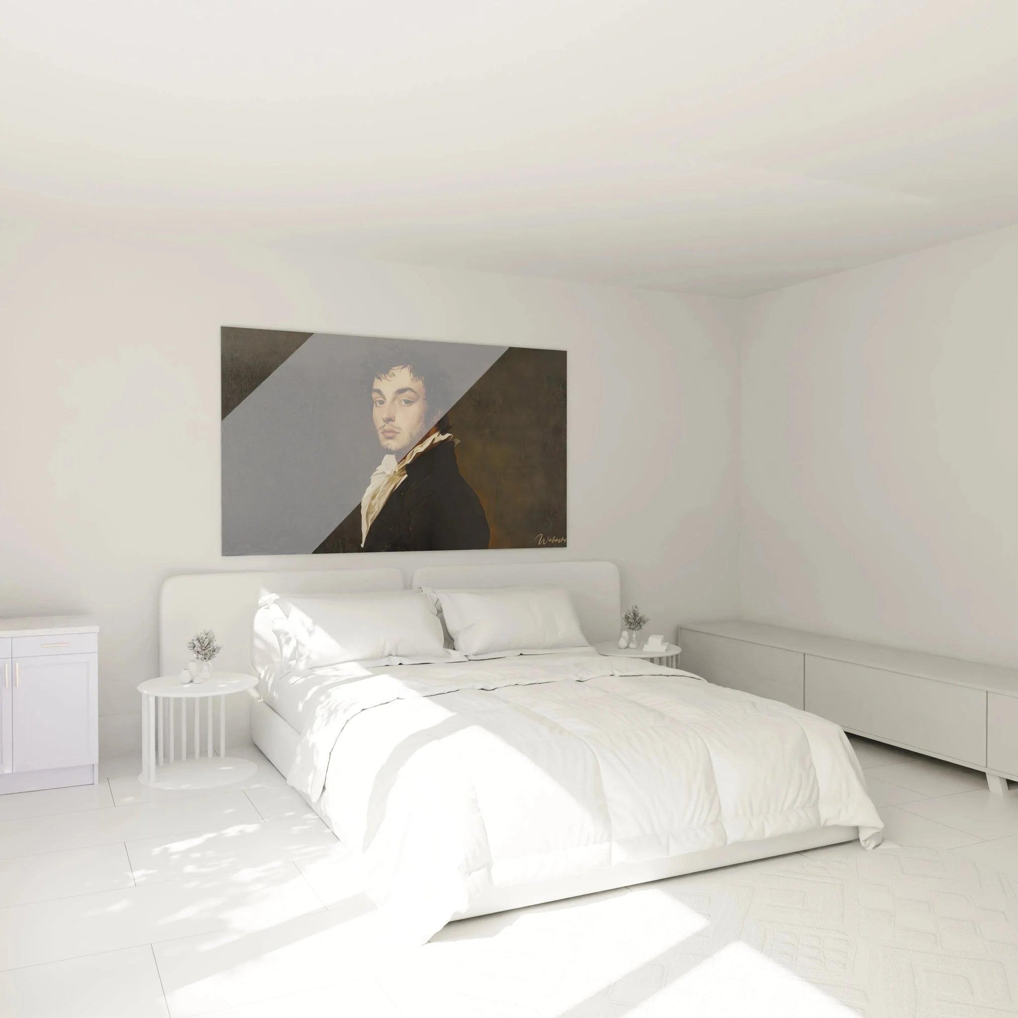 Elegantes Herrenportrait Wandbild in Schlafzimmer Ambiente mit klassischer Wanddekoration