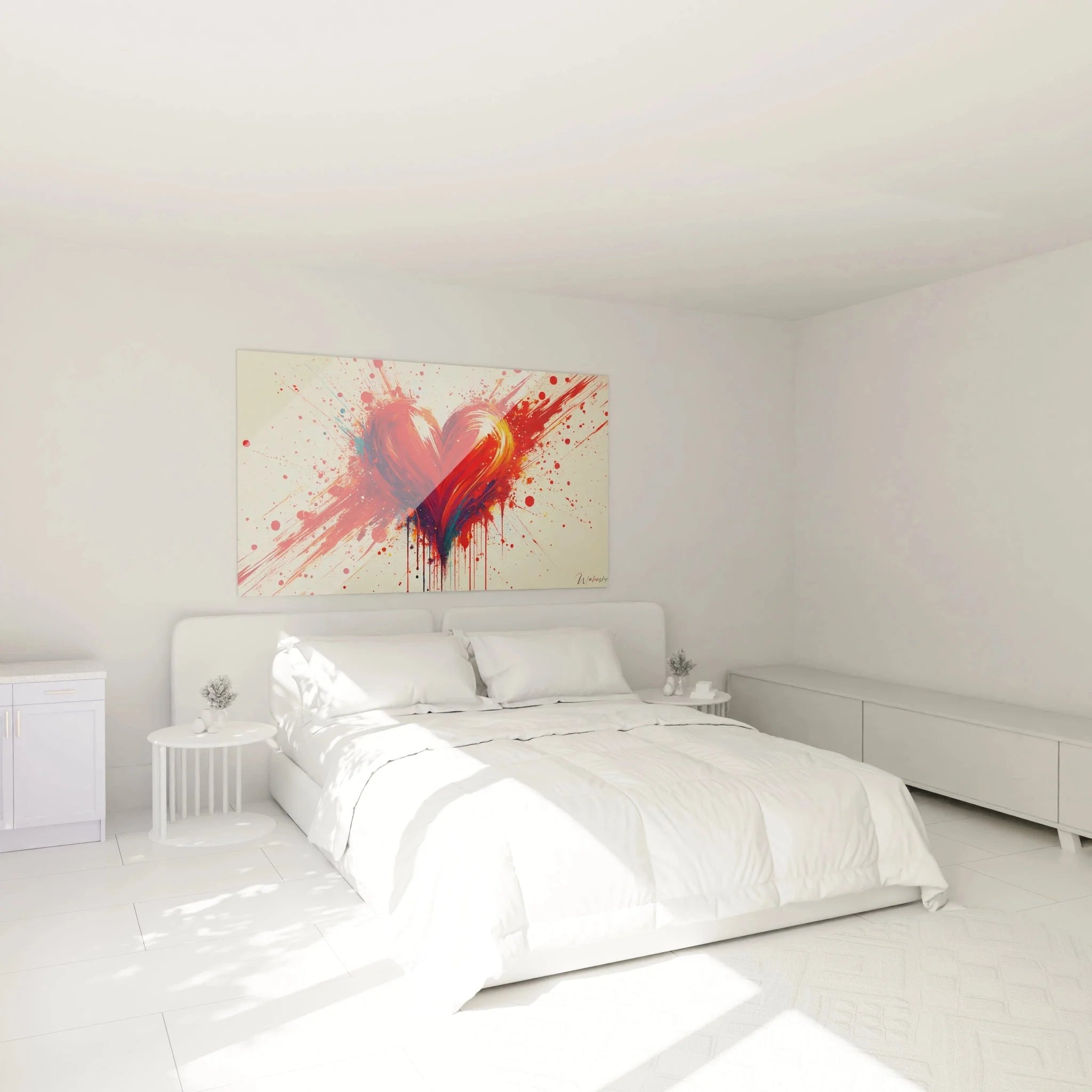 Herz Wandbild XXL im Schlafzimmer - Romantische Wanddekoration mit rotem Herzmotiv über dem Bett