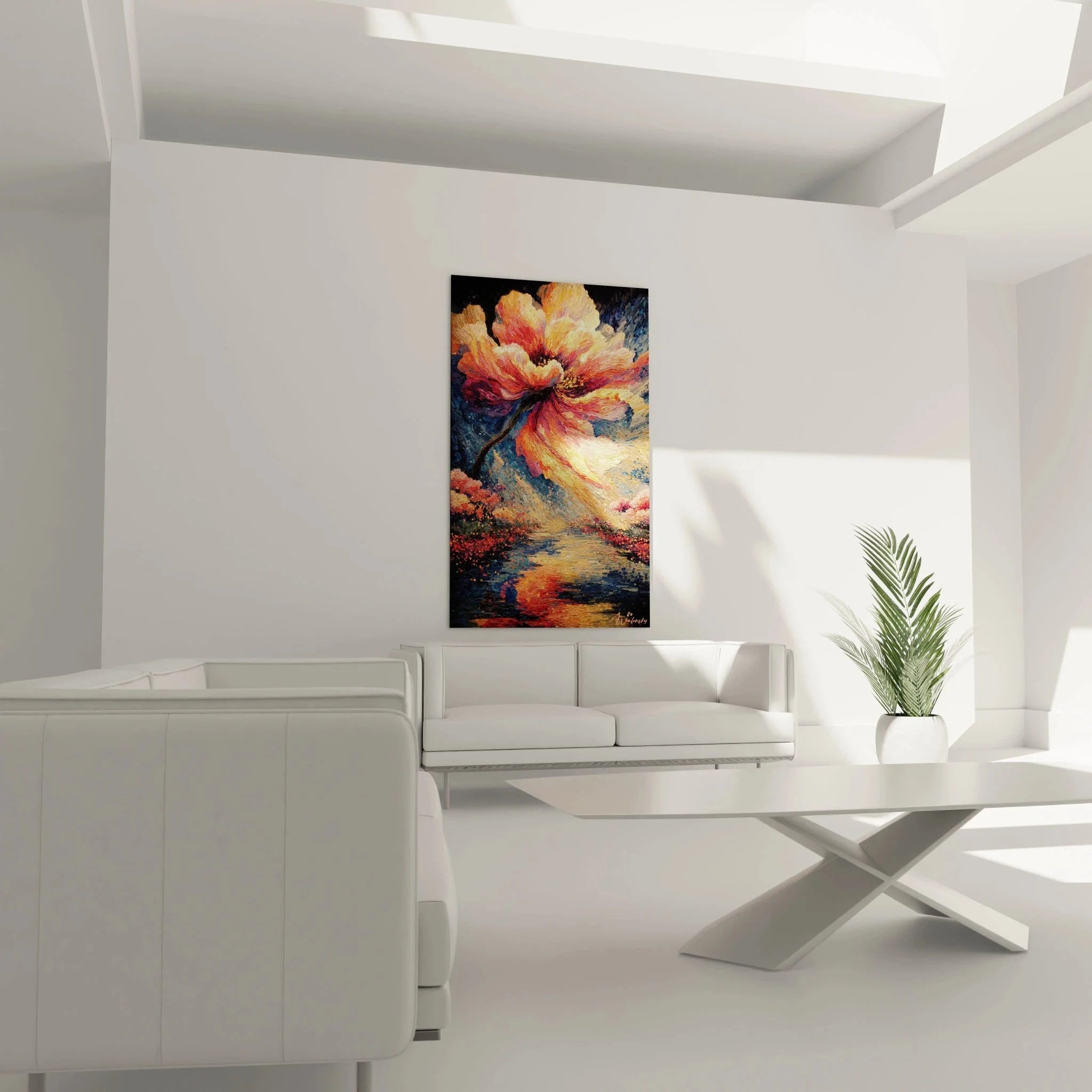 Detailaufnahme Hibiskusblüte Wandbild - pointillistische Maltechnik mit warmen Farbtönen