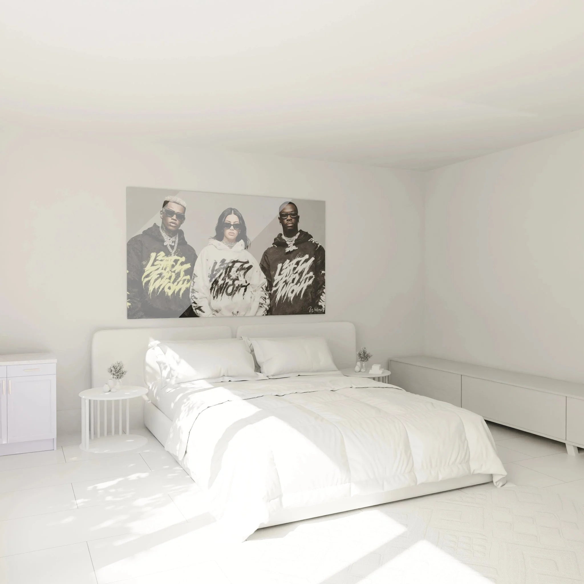 Hip-Hop Trio Wandbild XXL in modernem Schlafzimmer als urbane Wanddekoration über dem Bett
