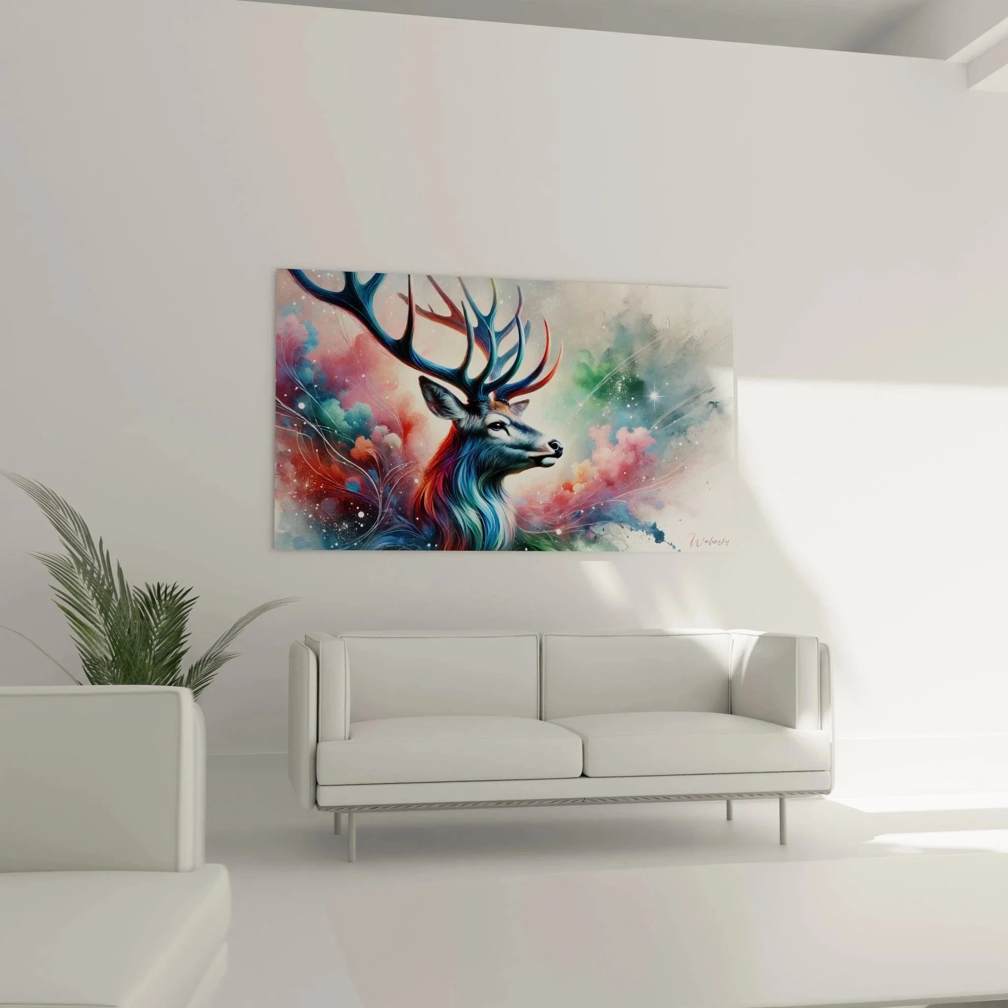 Detail Hirsch Wandbild Aquarell - Nahaufnahme vom majestätischen Hirschkopf mit türkisem Geweih