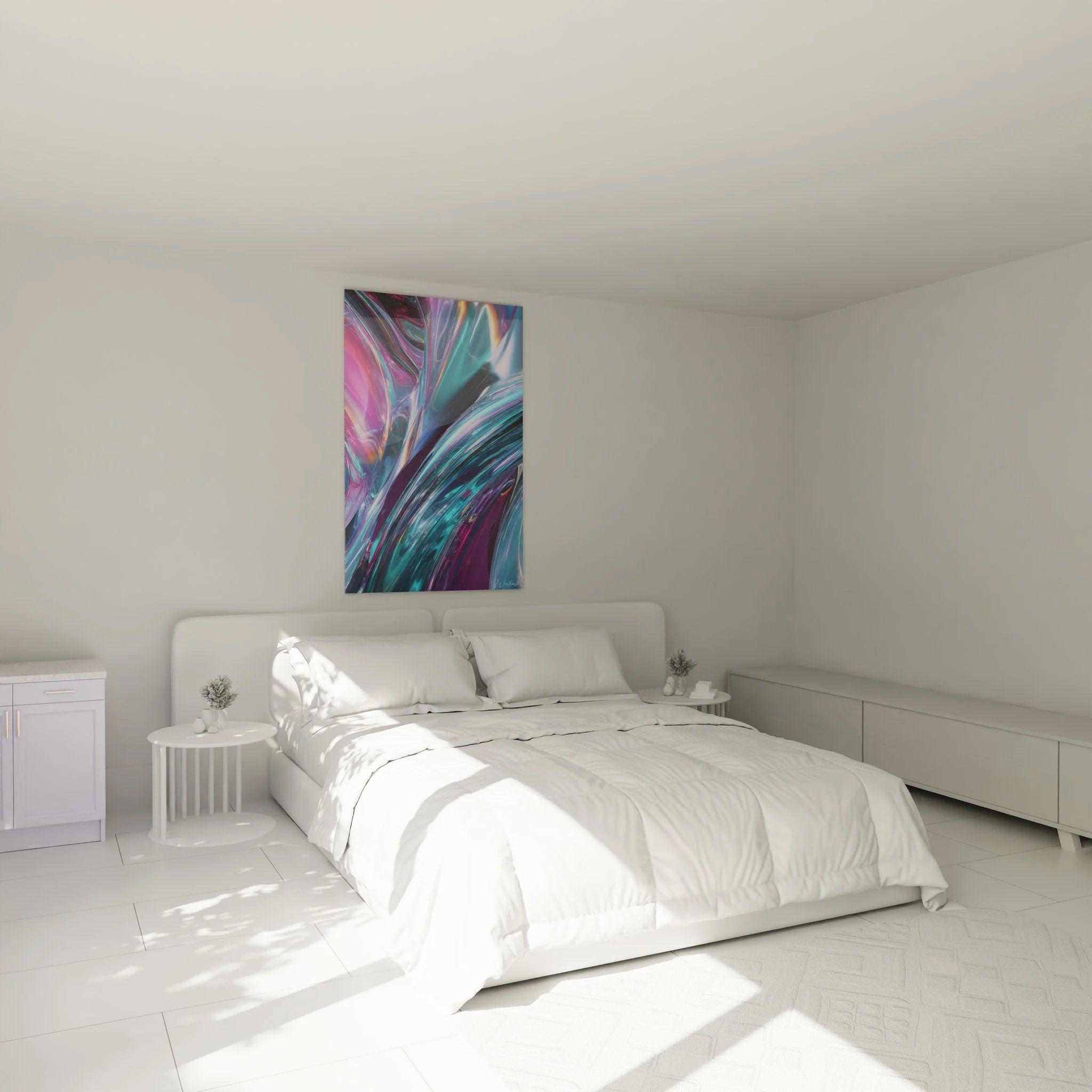 Holografisches Wandbild Chromatic Flow in modernem Schlafzimmer - Abstrakte Wanddeko