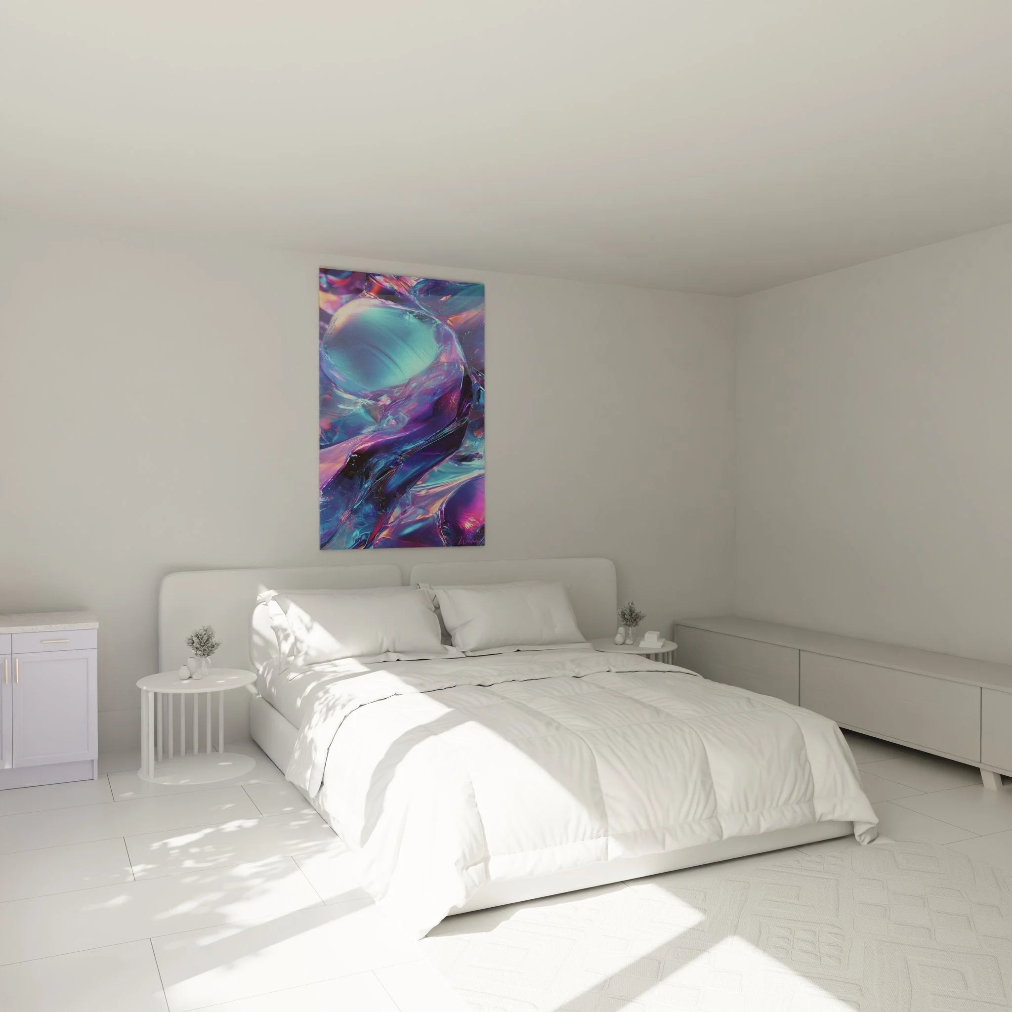 Futuristisches Wandbild mit holographischen Effekten im Schlafzimmer - abstrakte digitale Kunst Wanddekoration
