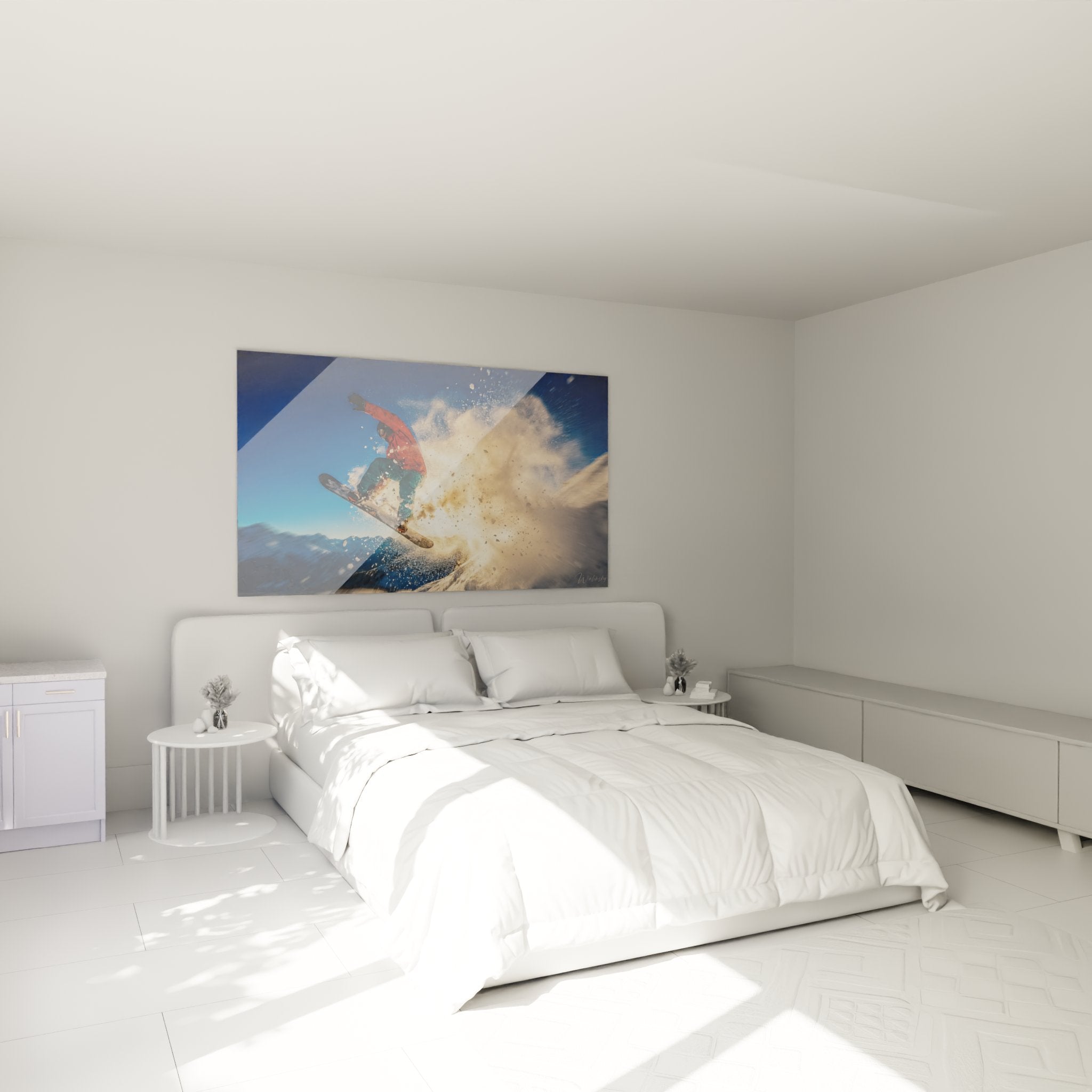 Snowboard Wandbild im Schlafzimmer, dynamischer Pulverschnee Sprung als moderne Wanddekoration