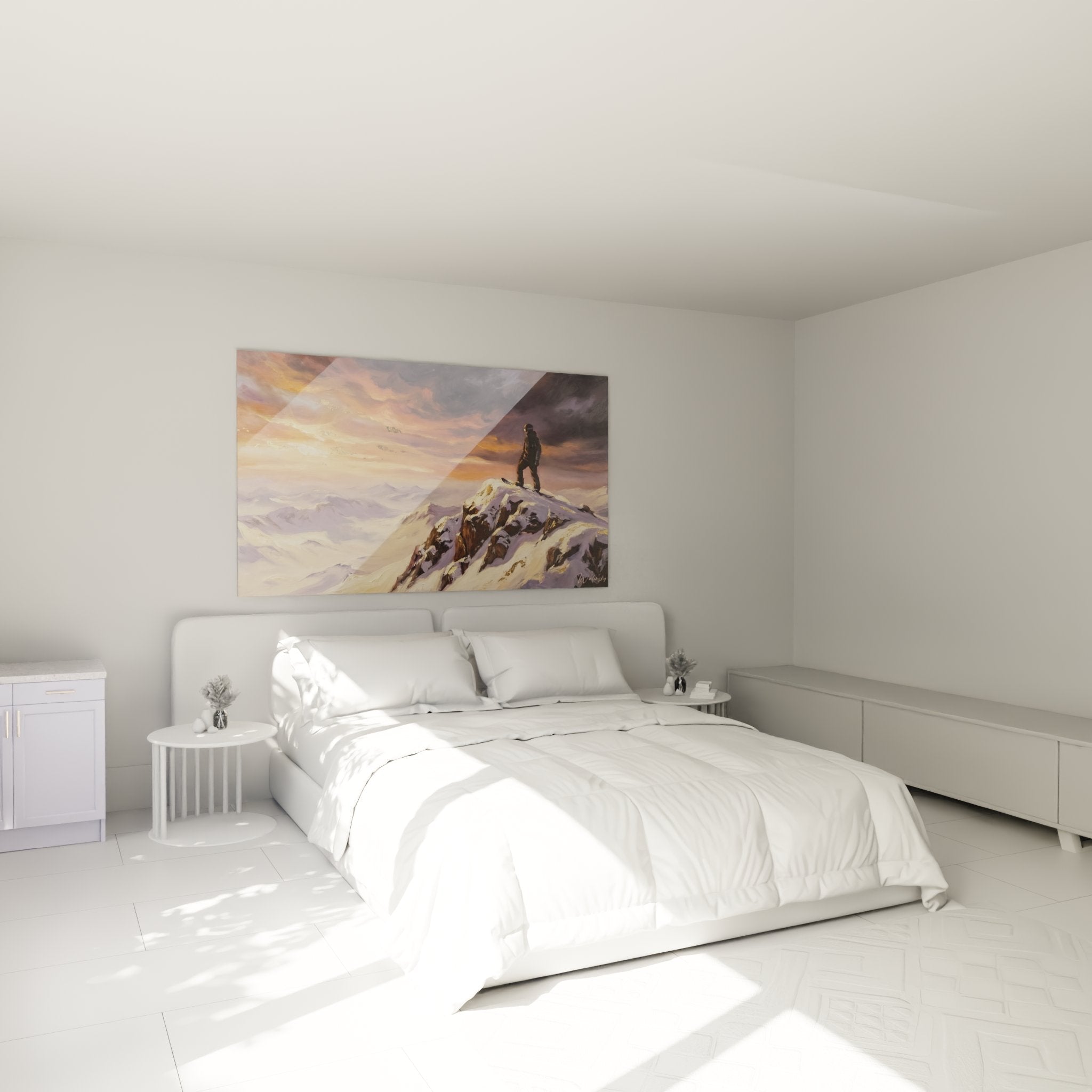 Snowboarder Berggipfel Wandbild in modernem Schlafzimmer mit alpiner Winterlandschaft Dekoration