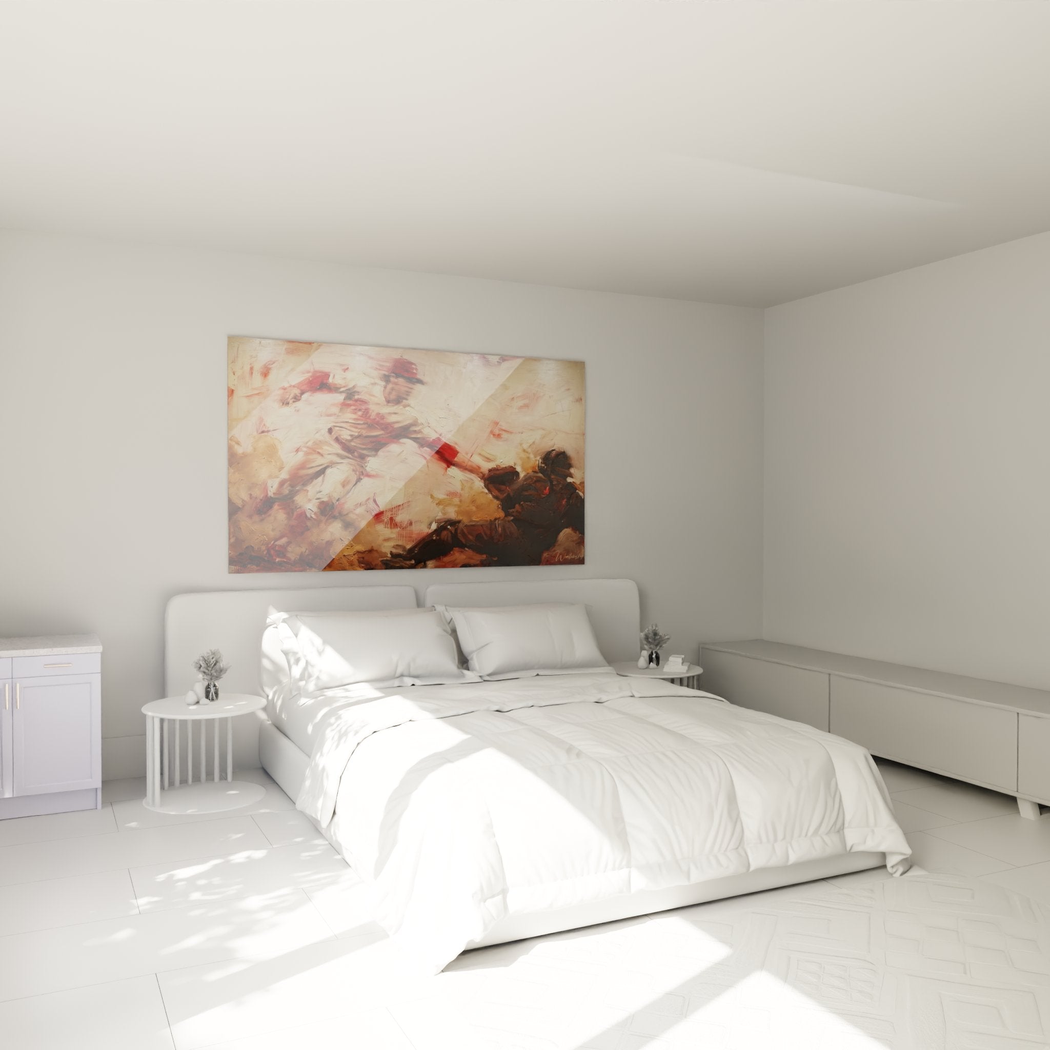 Baseball-Wandbild in modernem Schlafzimmer als stilvolle Sportdekoration an der Wand über dem Bett