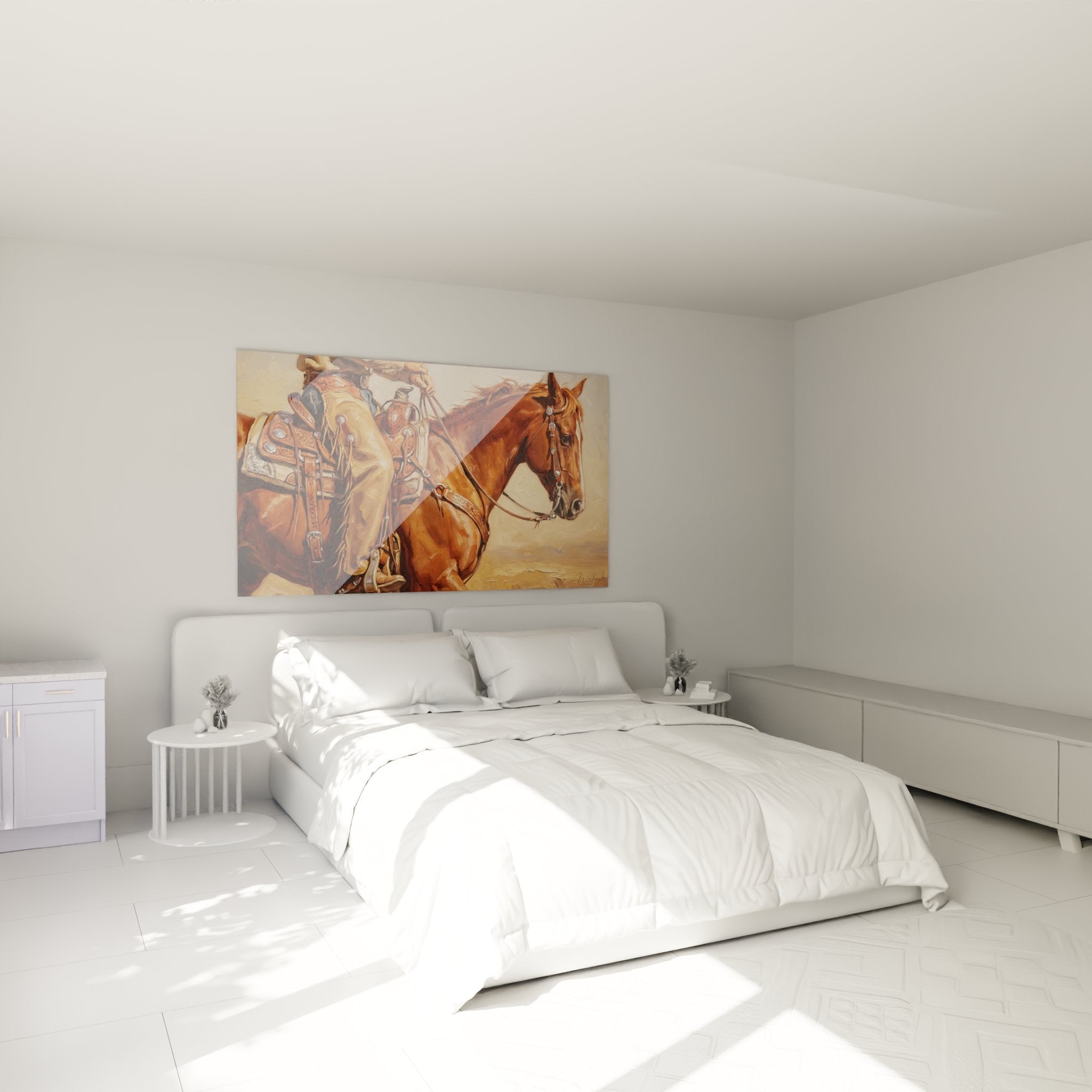 Cowboy Pferd Wandbild im Schlafzimmer - Western Dekoration mit warmem Licht für gemütliche Atmosphäre