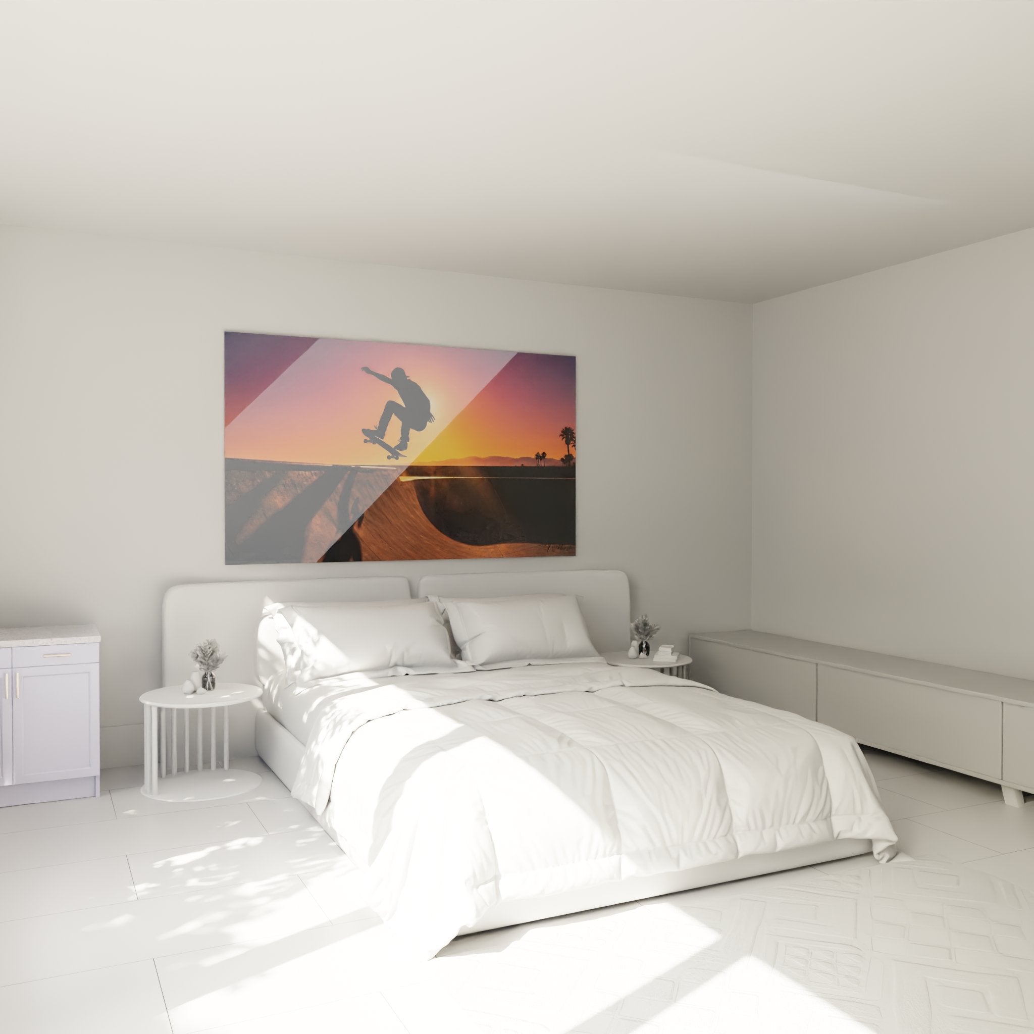 Skateboard Wandbild im modernen Schlafzimmer über dem Bett mit Sonnenuntergang Halfpipe Motiv