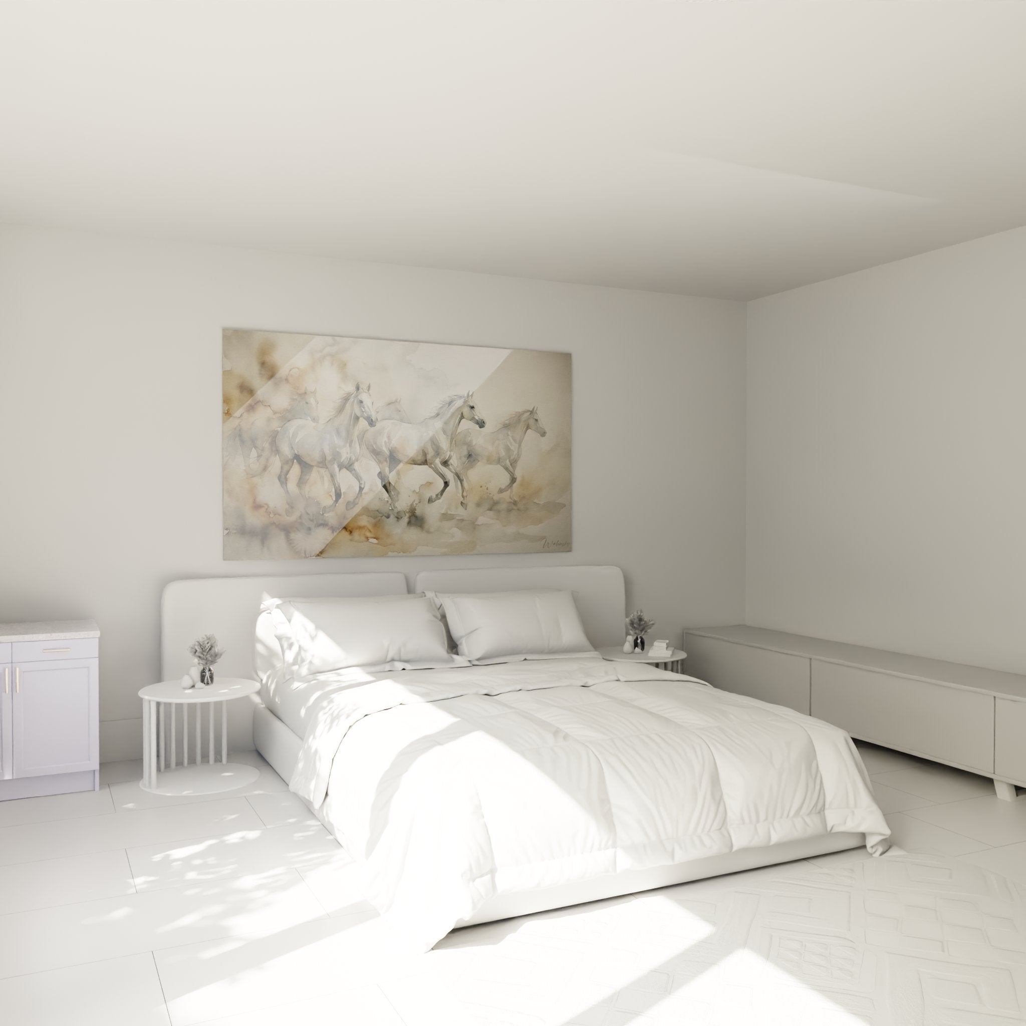 Pferde-Wandbild im Schlafzimmer-Ambiente mit galoppierenden weißen Pferden als elegante Wanddekoration