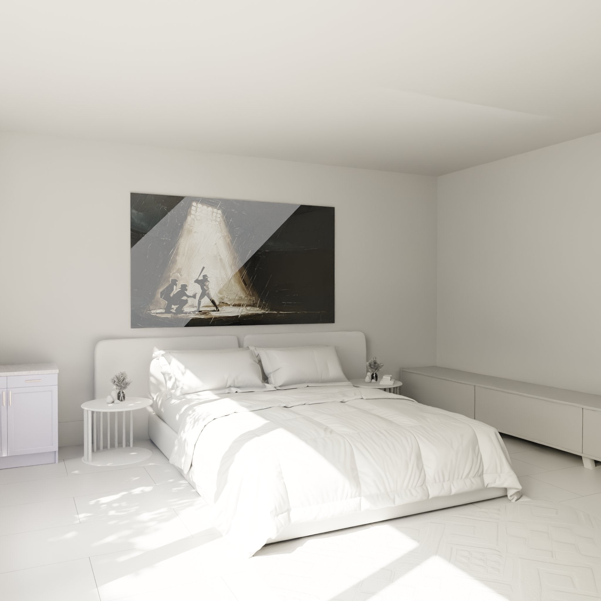 Baseballspieler Wandbild im Schlafzimmer, dramatische Sportkunst als stilvolle Wanddekoration mit Scheinwerferlicht