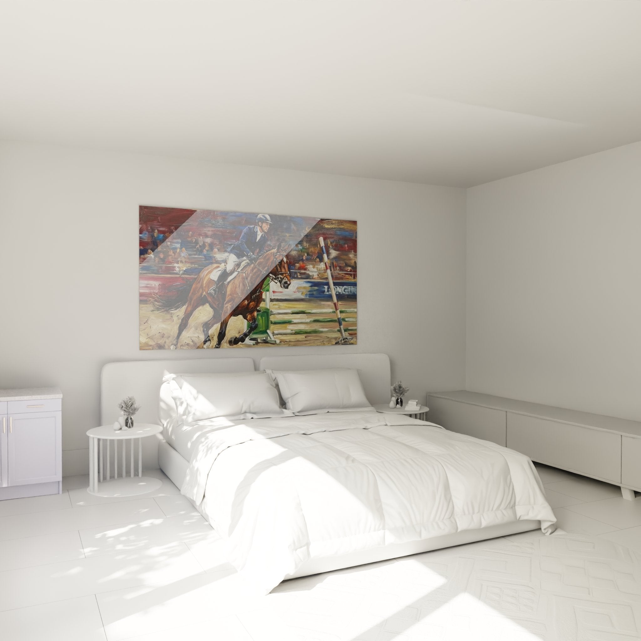 Springreiter Wandbild in modernem Schlafzimmer - elegante Wanddekoration für Pferdefreunde