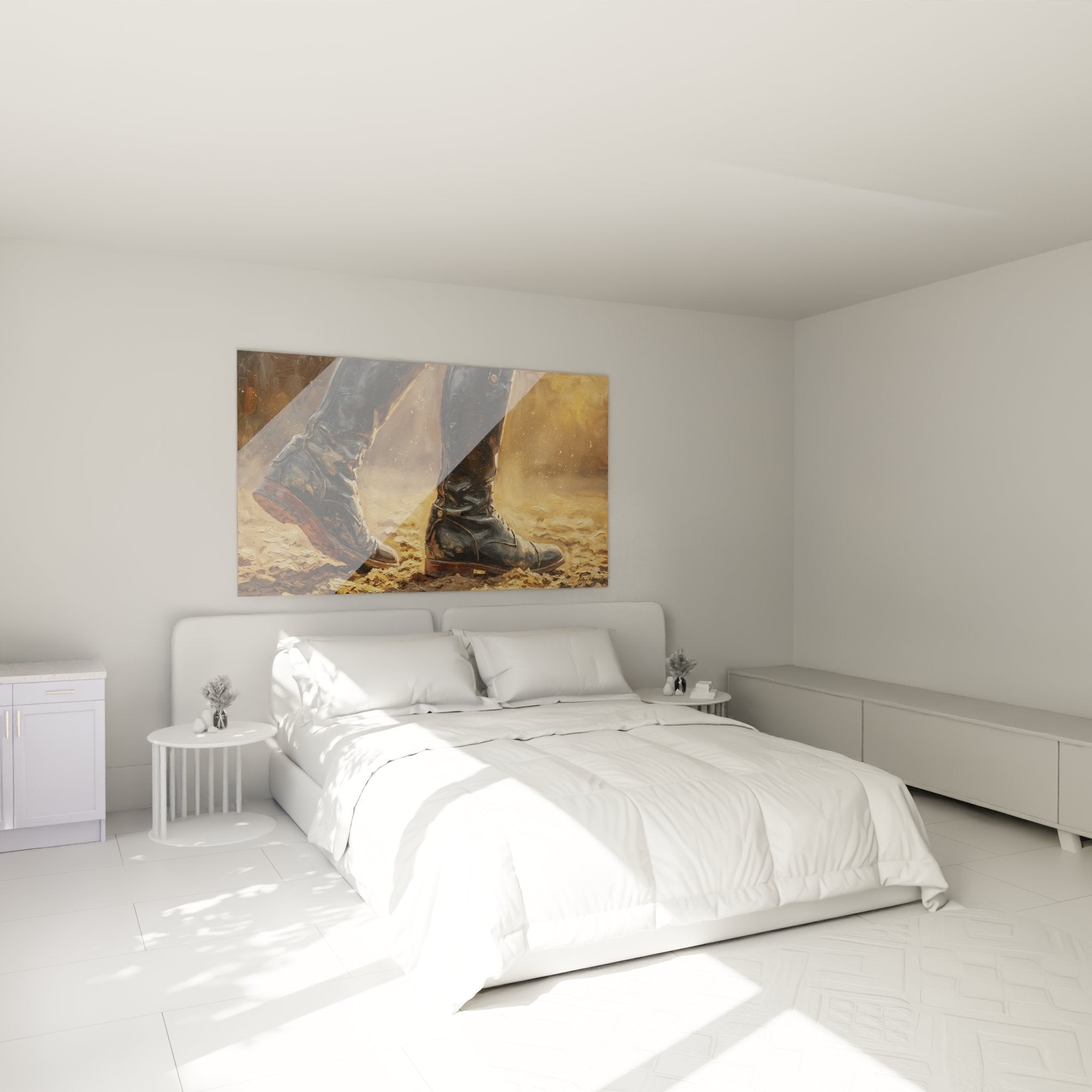 Reiterstiefel Wandbild im Schlafzimmer - gemütliche Western-Atmosphäre mit warmen Erdtönen