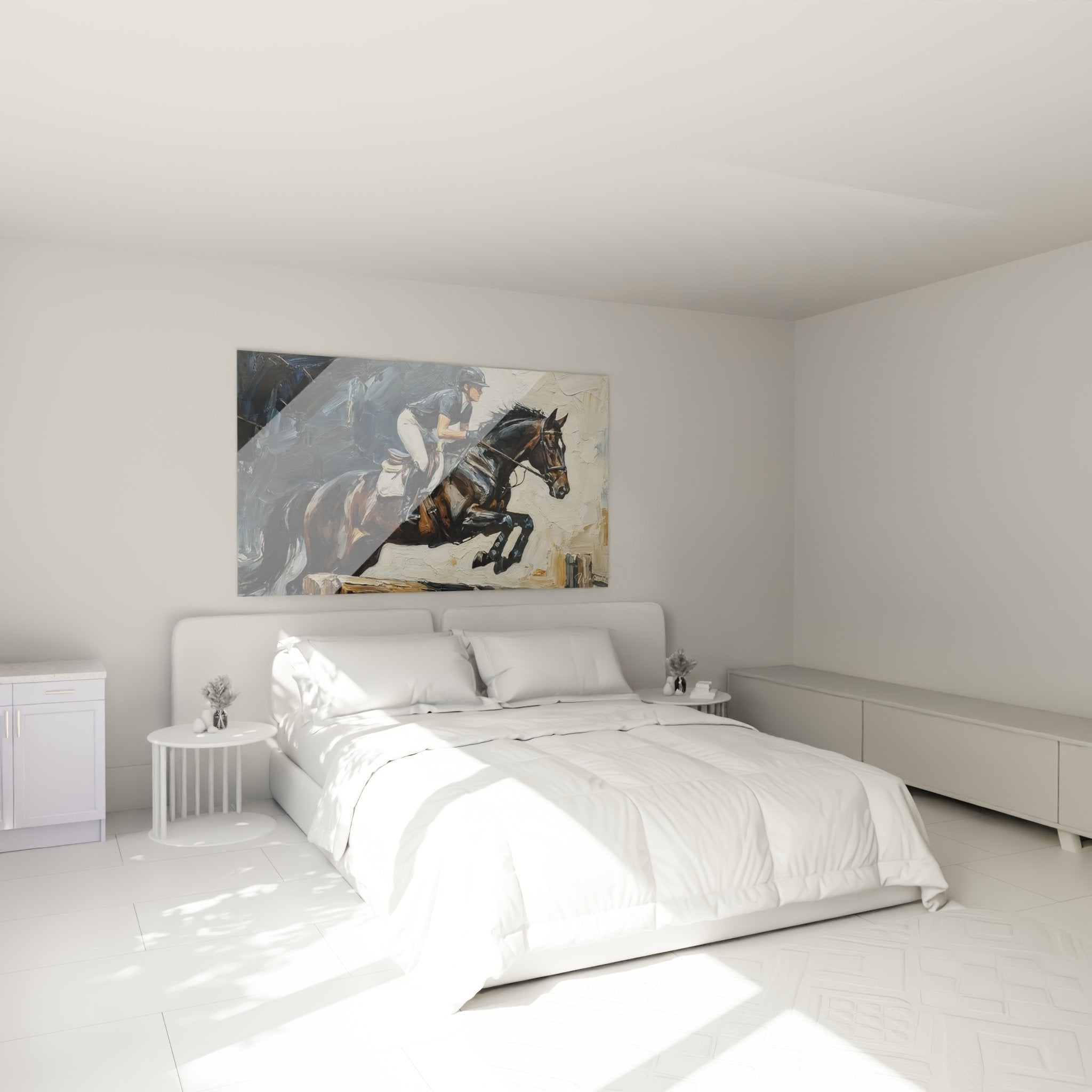 Wandbild Dressurreiter im Schlafzimmer - Elegante Reitkunst Dekoration als stimmungsvolle Wandgestaltung