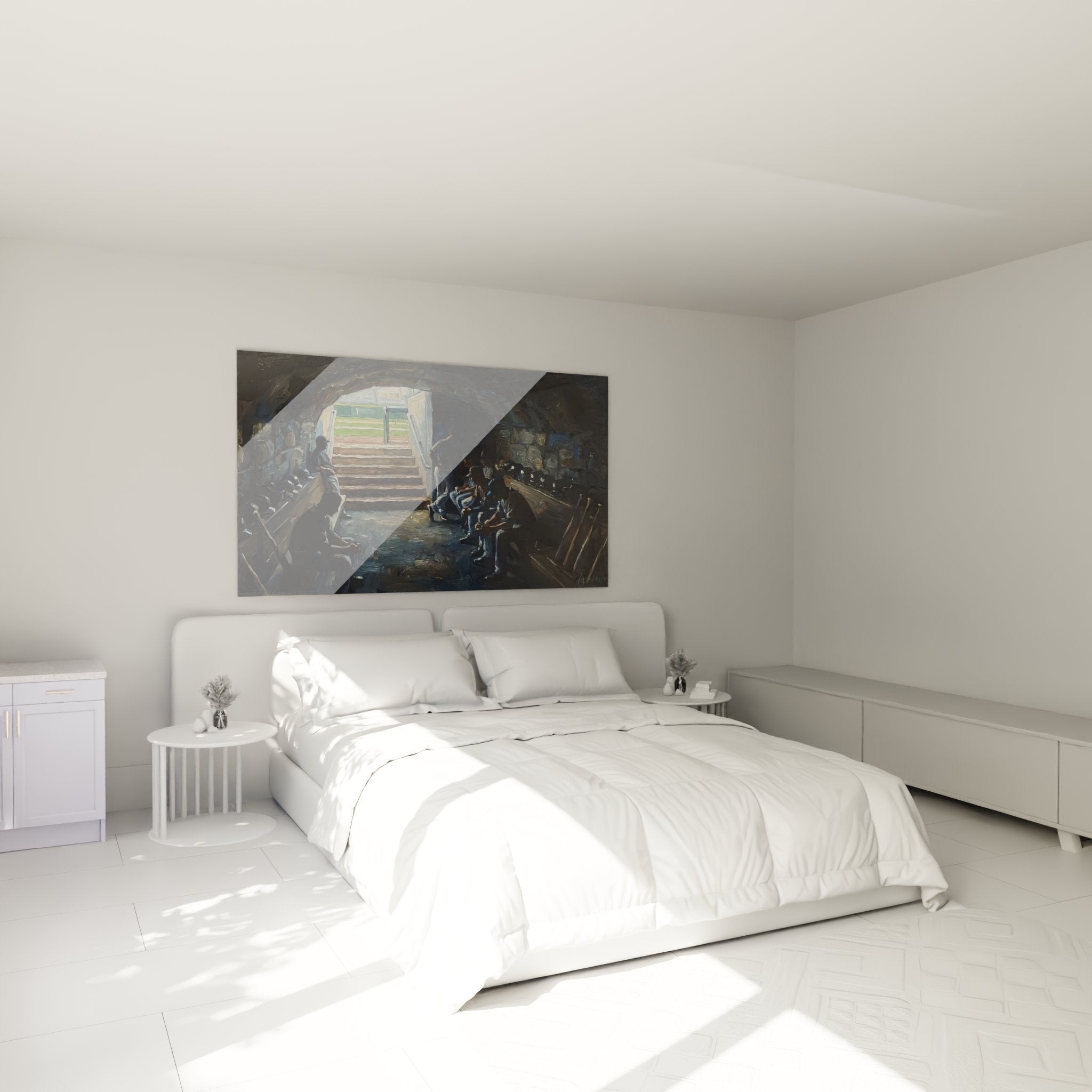 Baseball-Dugout Wandbild im Schlafzimmer zeigt Spieler in authentischer Sportatmosphäre