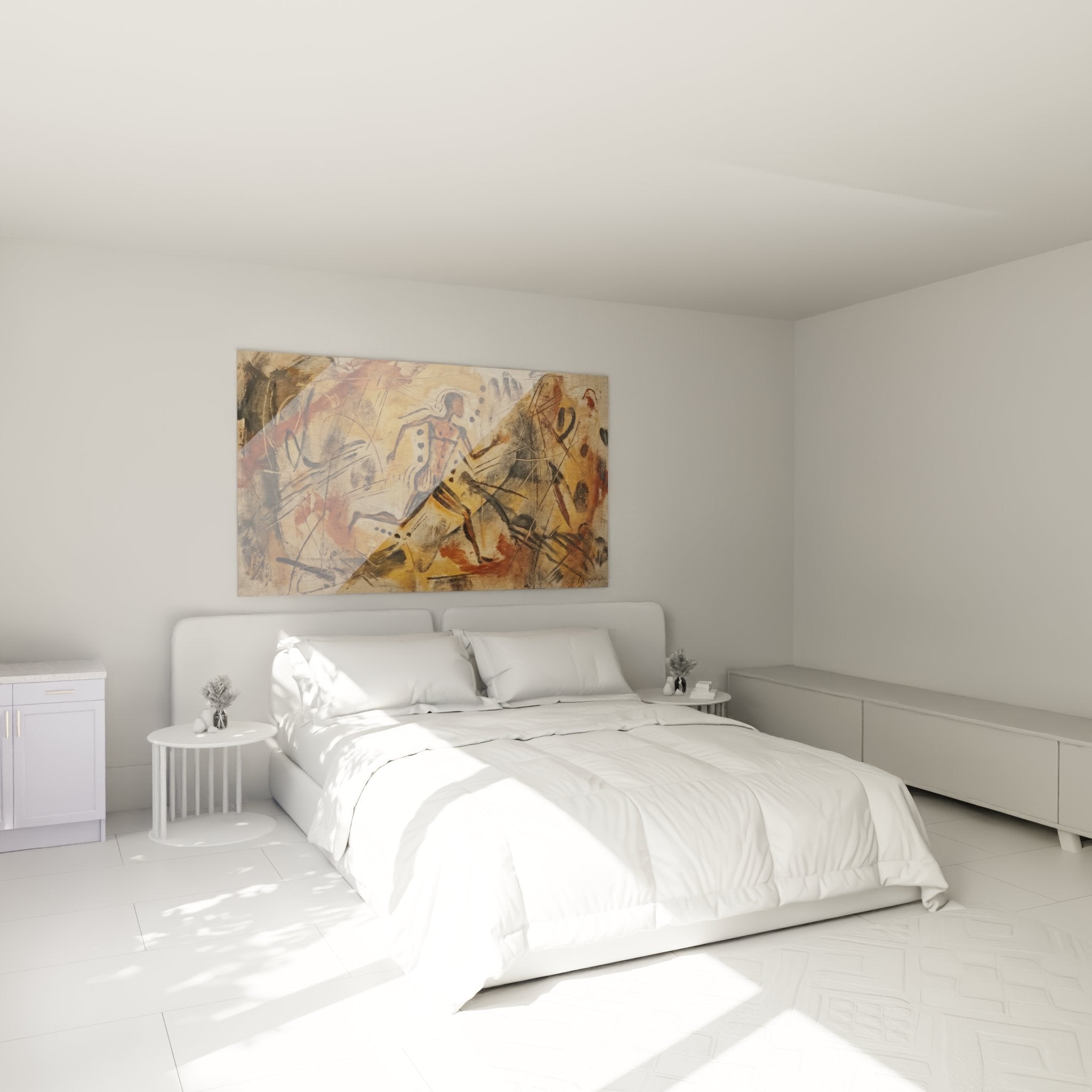 Höhlenmalerei Läufer Wandbild im Schlafzimmer mit warmen Erdtönen und urzeitlicher Sportästhetik