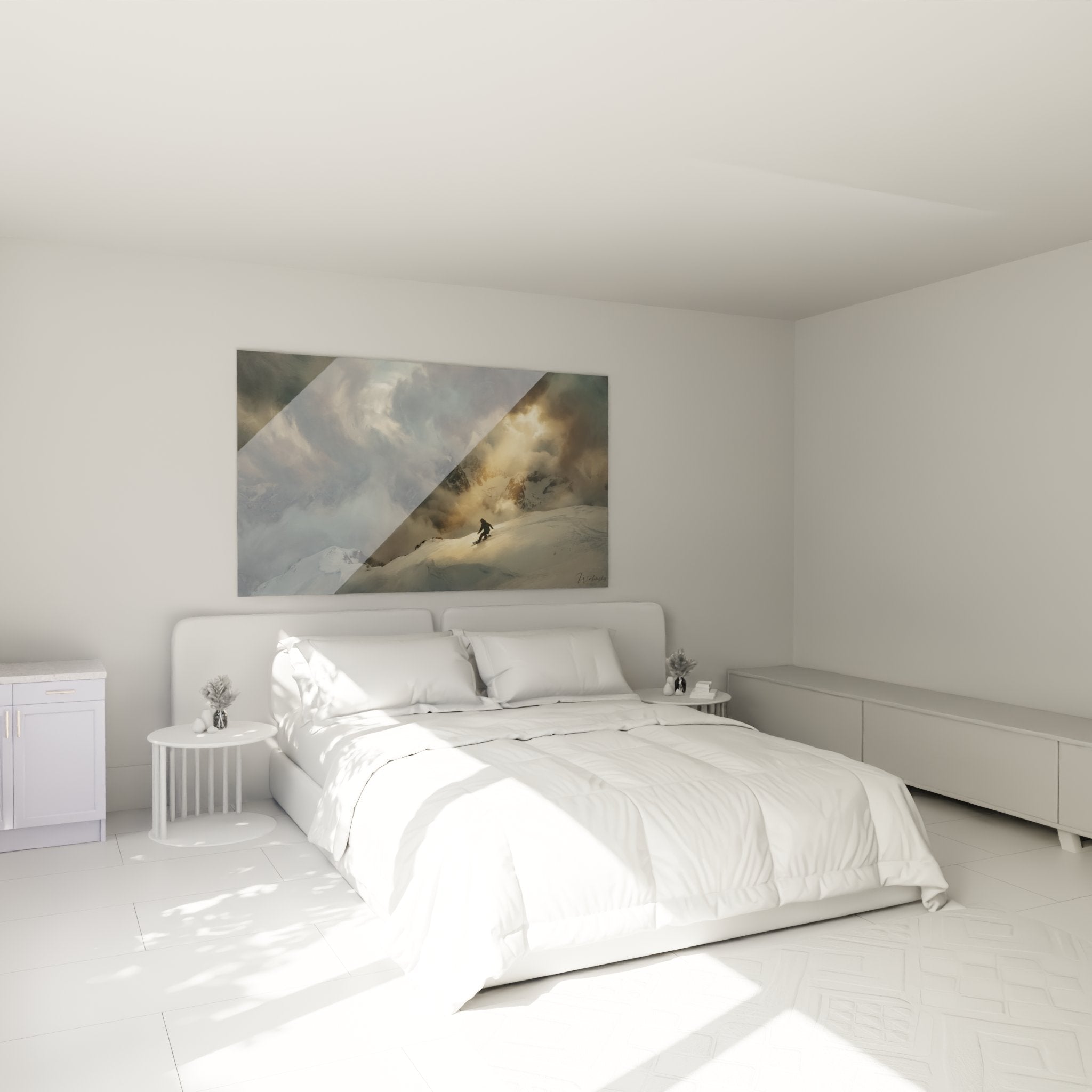 Wandbild Snowboarder Pulverschnee haengt elegant im modernen Schlafzimmer