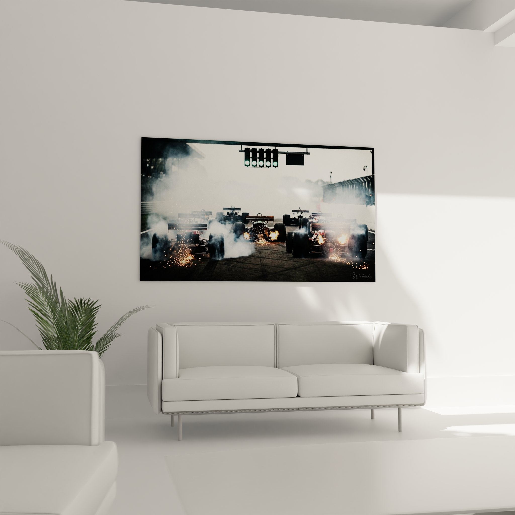 Detailaufnahme Formel 1 Wandbild, Funken und Rauch bei dramatischem Rennstart, hochwertige Kunstdruck-Qualität