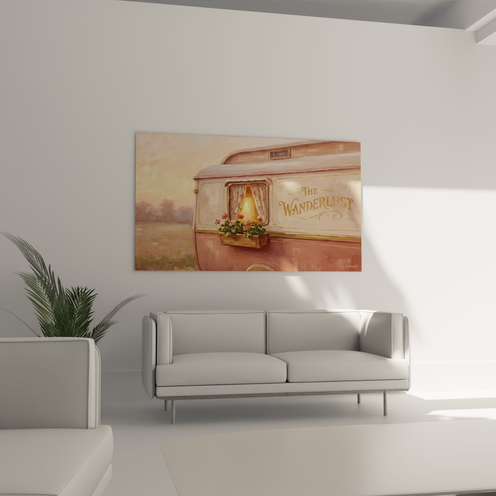 Detailansicht des beleuchteten Wohnwagen-Fensters mit Blumenkasten und Geranien in romantischer Malweise