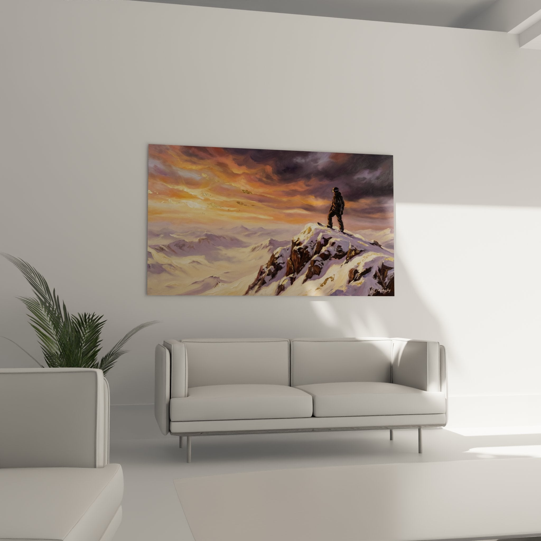 Detailansicht Snowboarder Wandbild zeigt dramatische Lichtstimmung und schneebedeckte Bergketten