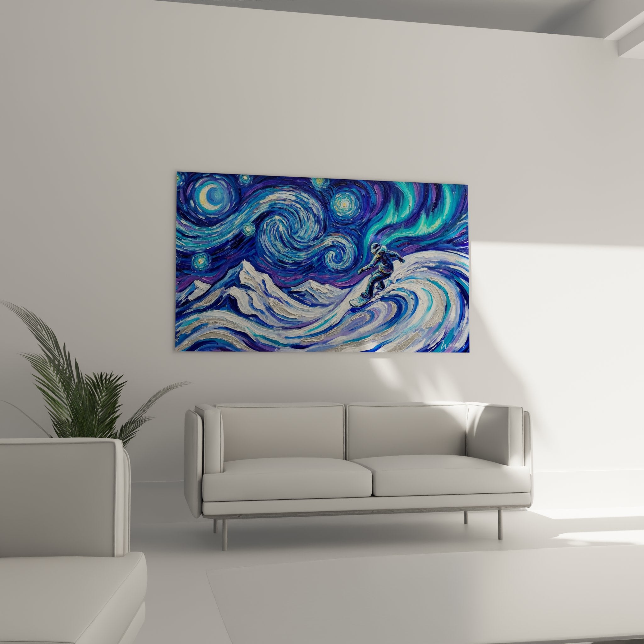 Detailansicht des Snowboarder Wandbildes mit wirbelnden Pinselstrichen und leuchtenden Sternen