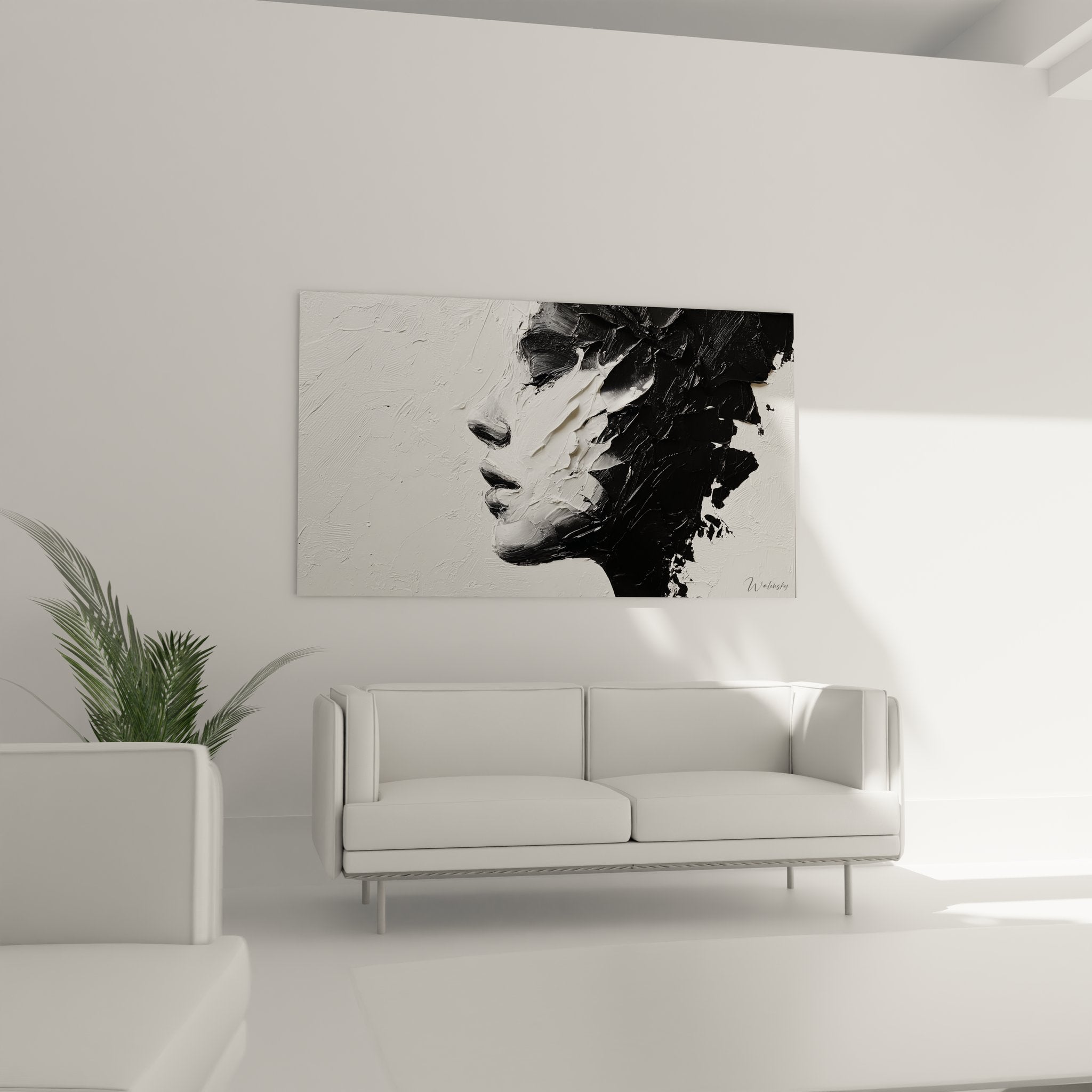 Detailansicht des abstrakten Frauengesichts mit pastosen Pinselstrichen in Schwarz-Weiß