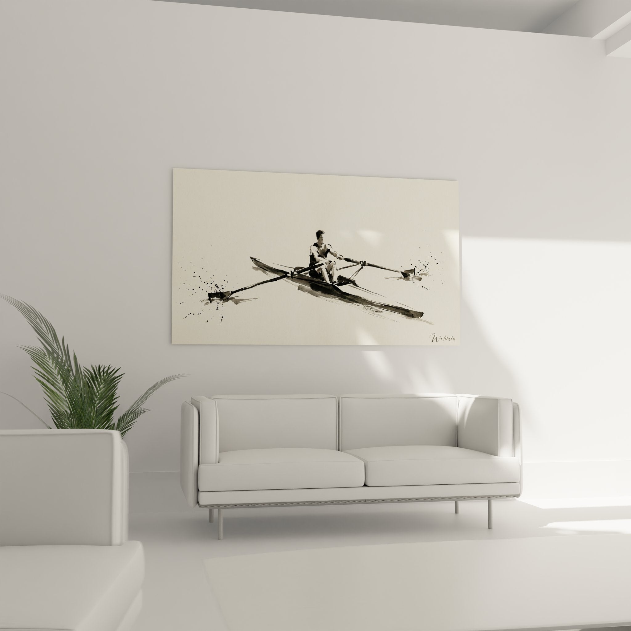 Nahaufnahme Wandbild Ruderer, detaillierte Aquarell-Technik mit Wasserspritzern und dynamischen Pinselstrichen