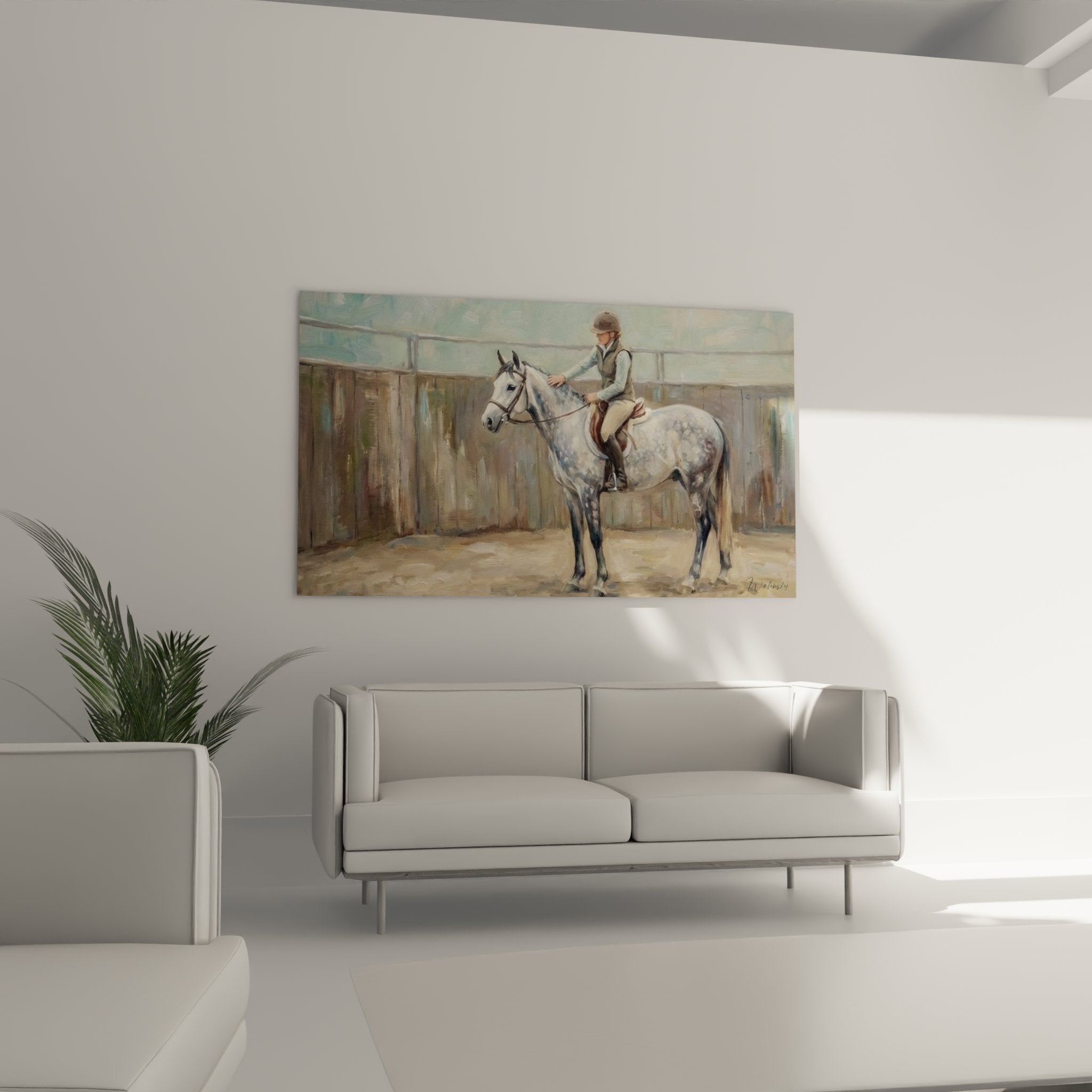 Detailaufnahme des Wandbildes zeigt Reiterin in klassischer Reitkleidung auf gepunktetem Schimmel