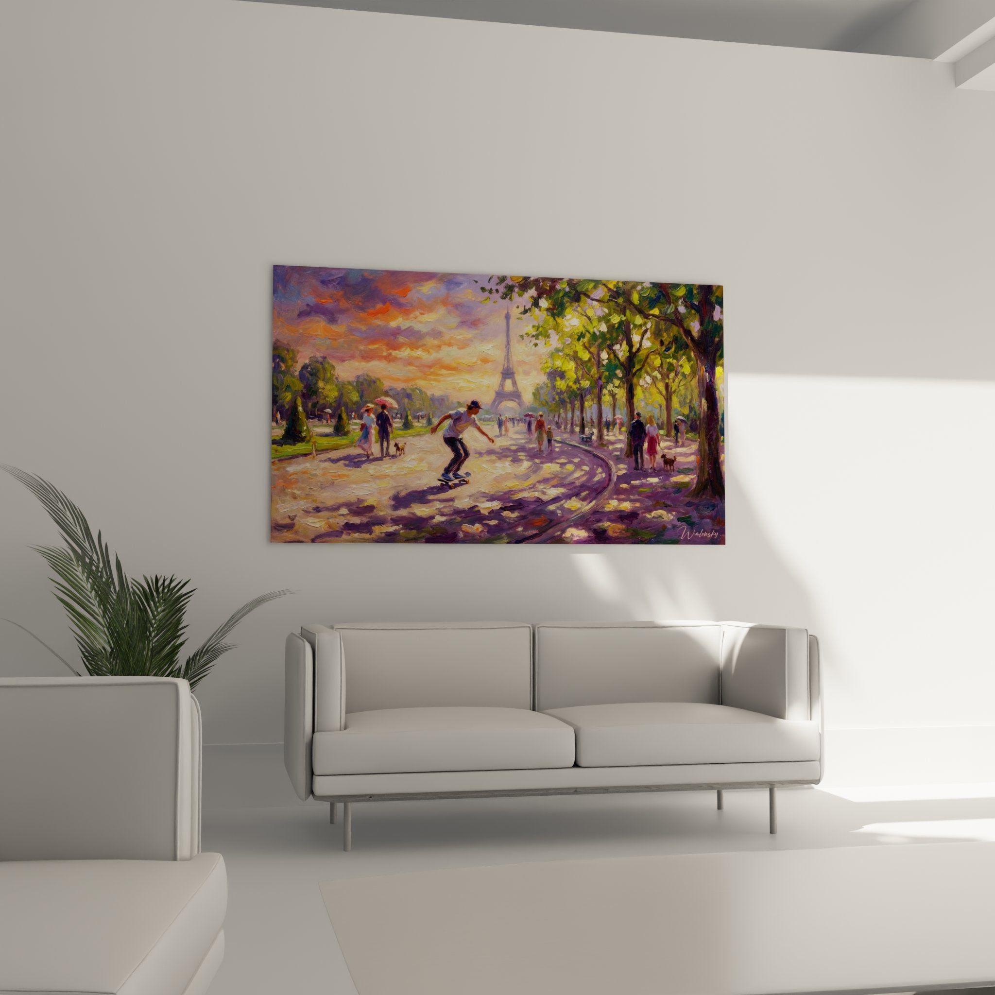 Detailansicht des Skateboard Wandbildes zeigt impressionistische Maltechnik und warme Farbtöne