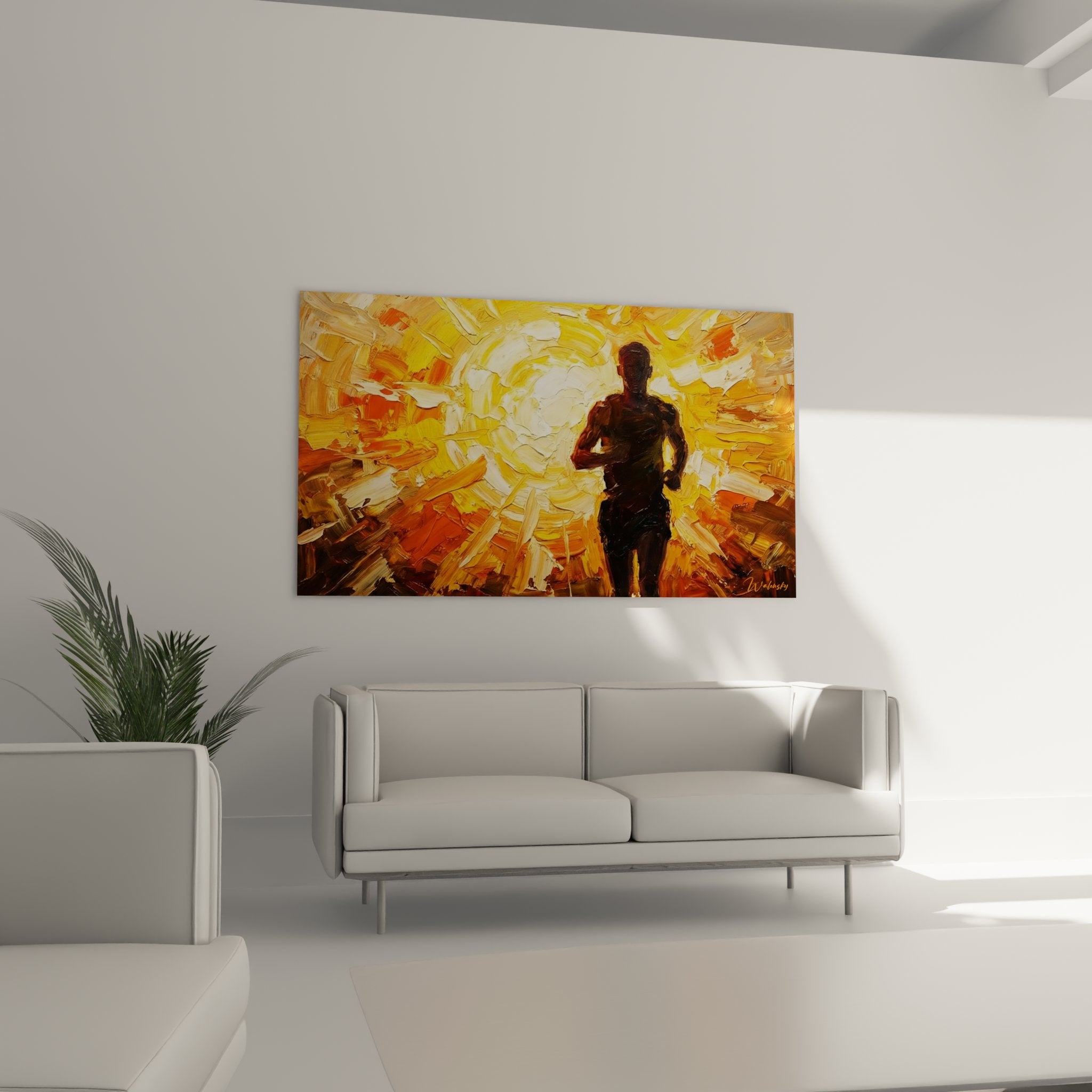 Nahaufnahme der Läufer Silhouette mit sichtbaren Pinselstrichen und leuchtenden Sonnenstrahlen