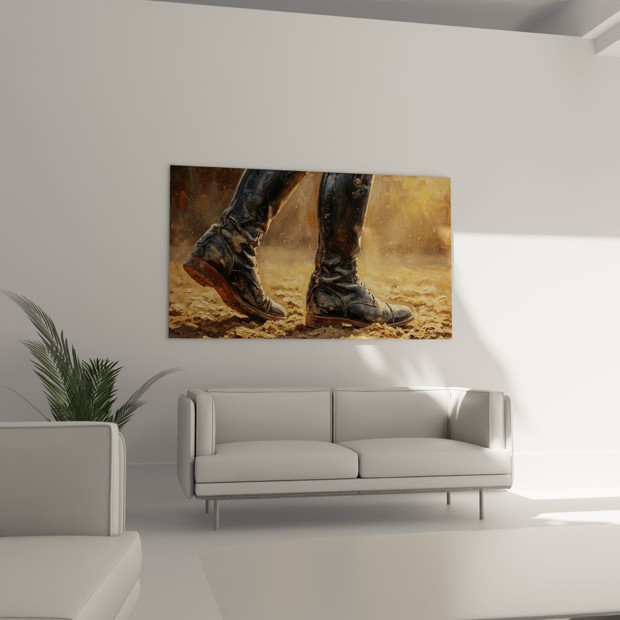 Nahaufnahme Reiterstiefel Wandkunst - detailreiche Darstellung von Leder und Stallboden