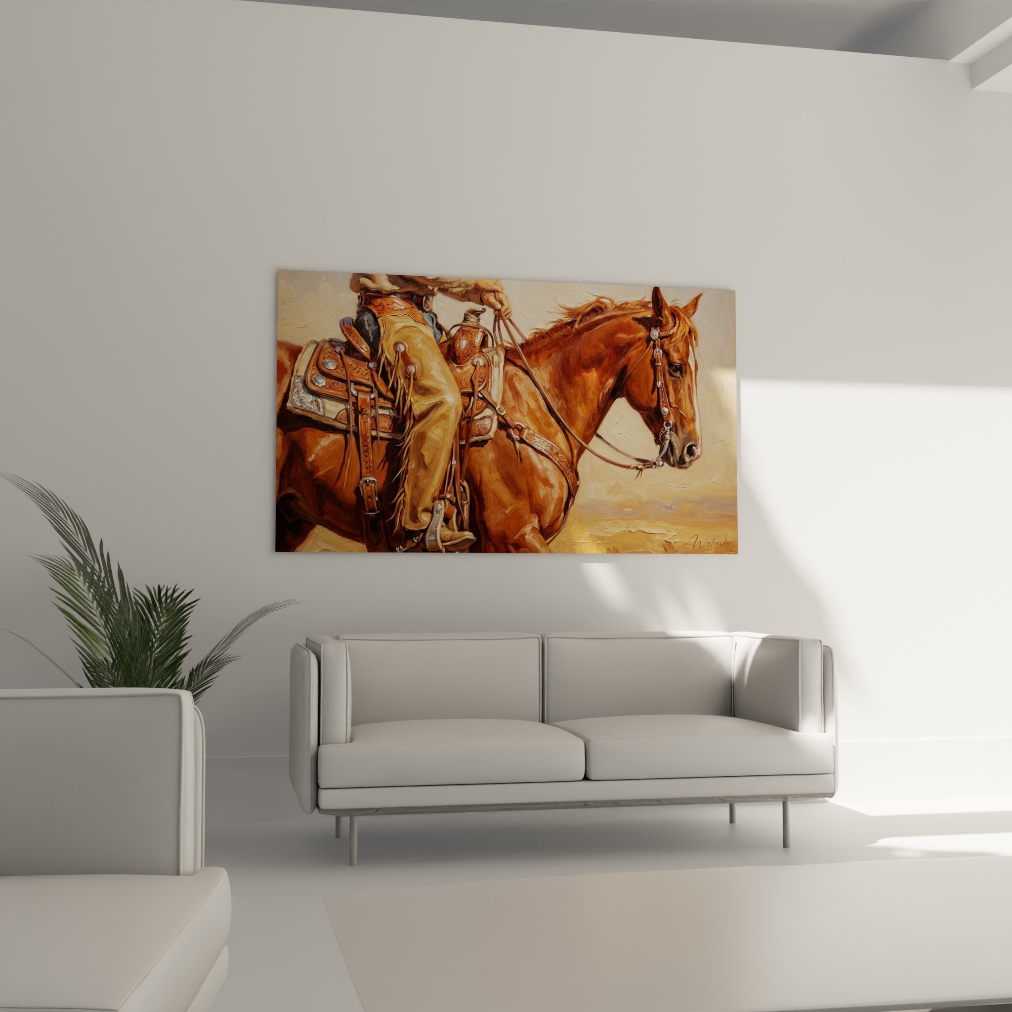 Nahaufnahme Details Cowboy Pferd Wandbild - handgemaltes Sattelzeug und Zaumzeug in Brauntönen sichtbar