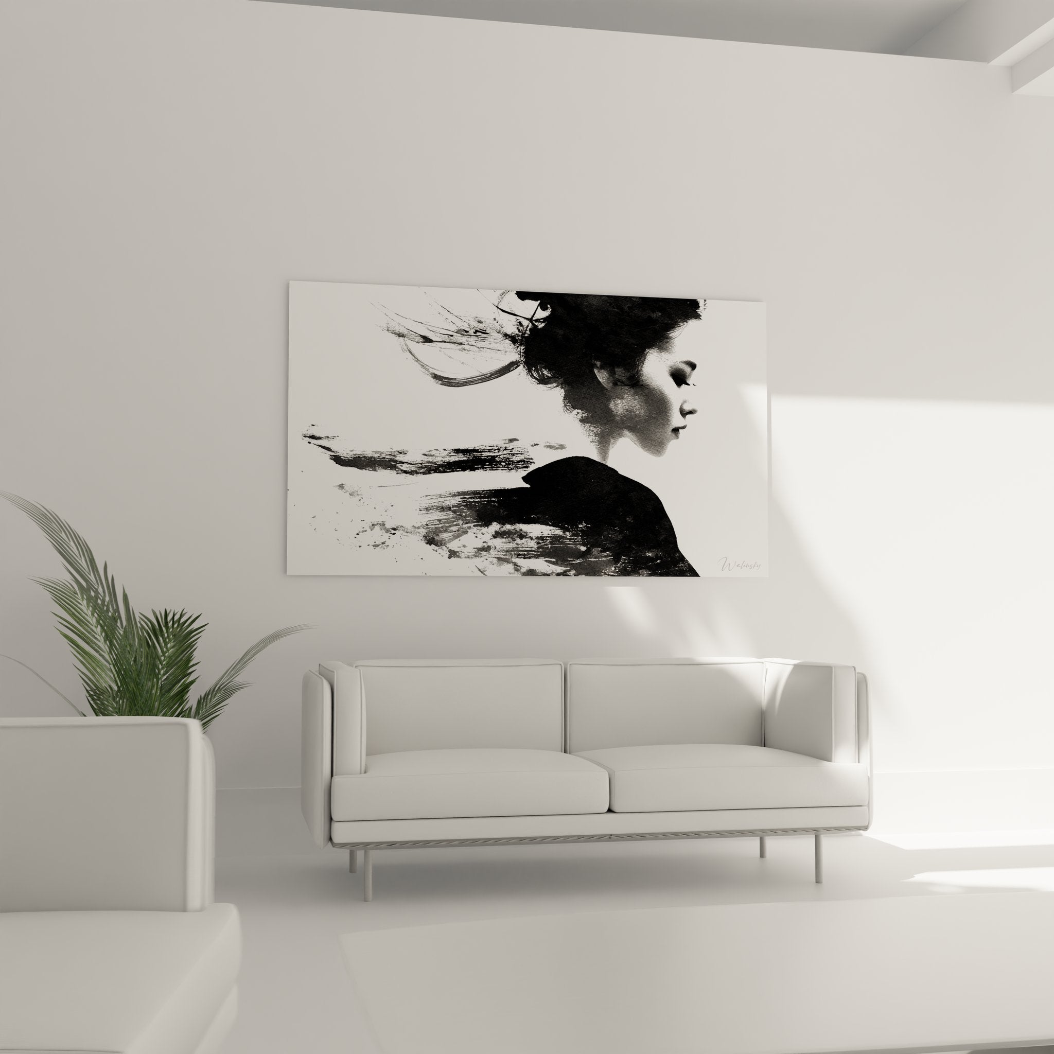 Detailaufnahme des abstrakten Frauengesichts mit schwarzen Pinselhieben und expressiver Maltechnik