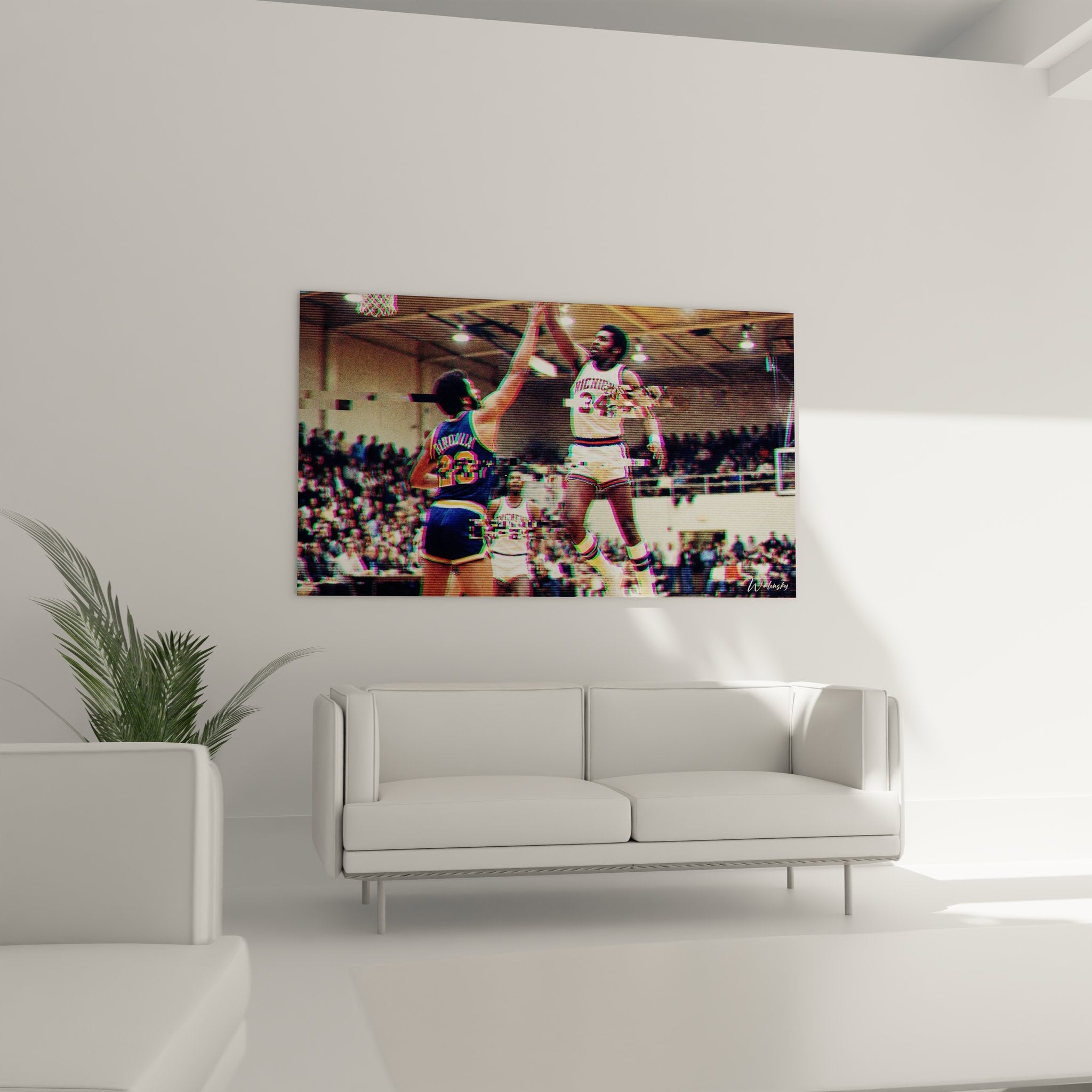 Nahaufnahme des Basketball Wandbilds - Details der Spieler beim Dunk mit charakteristischen RGB-Effekten